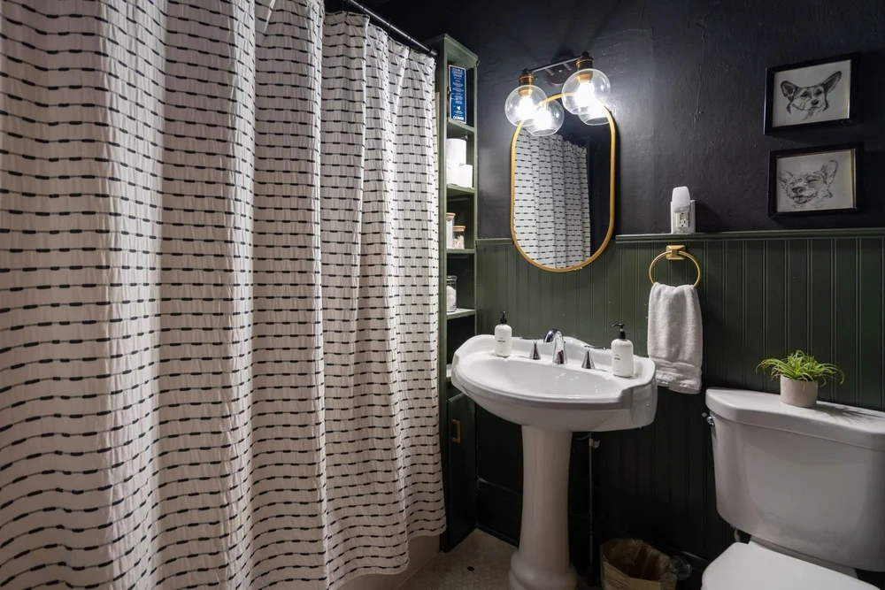 Moody green bathroom with a pedestal sink