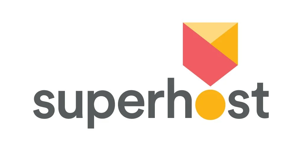 Superhost logo with a stylized shield icon in red, yellow, and orange above the word 'superhost' in gray text, with the second 'o' replaced by a yellow circle.