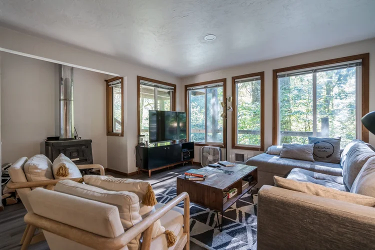 Lower Cabin living room with woodstove and forest windows