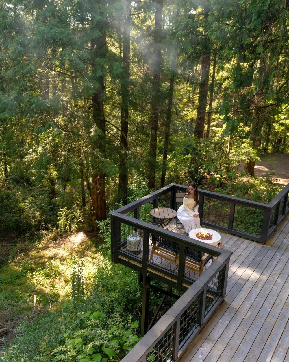 Propane fire pit on the deck among the trees