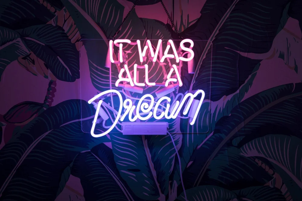Neon sign reading It Was All A Dream on palm leaf wallpaper
