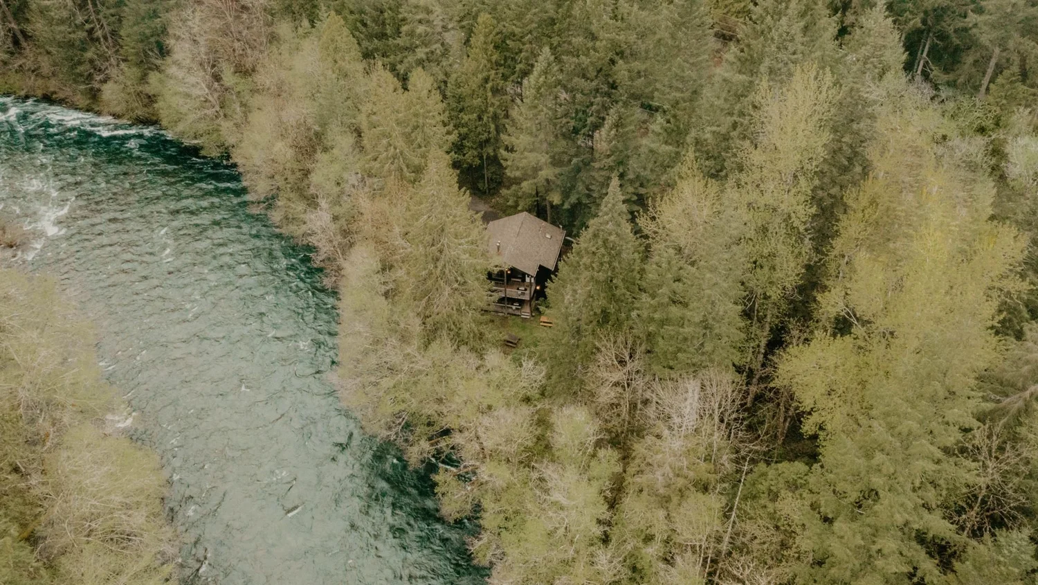 Aerial view of the McKenzie River curving past the cabin in the trees