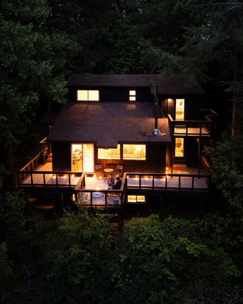Aerial of Mercer Lake and the lake house at dusk