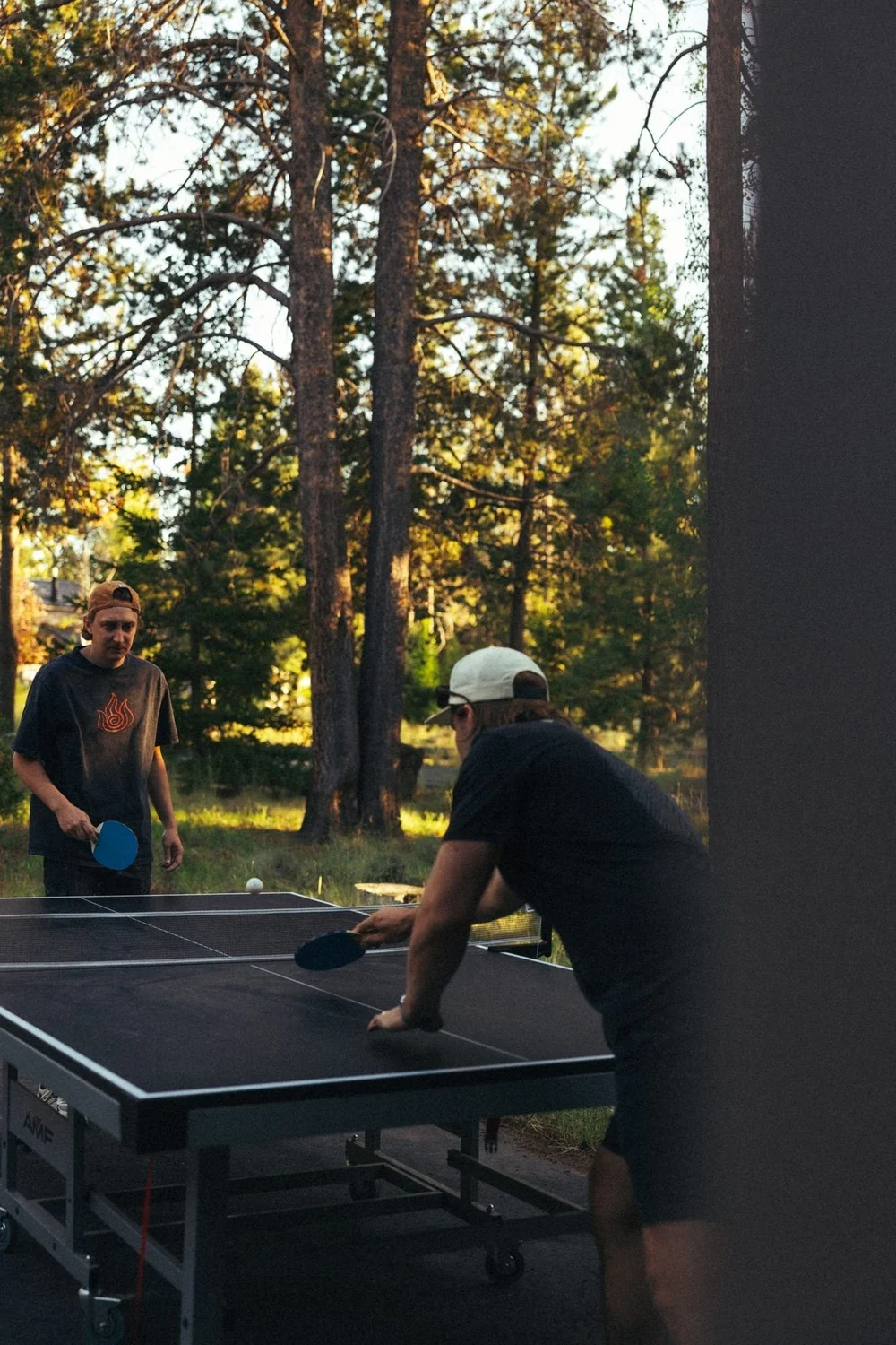 Friends playing ping pong under the pines