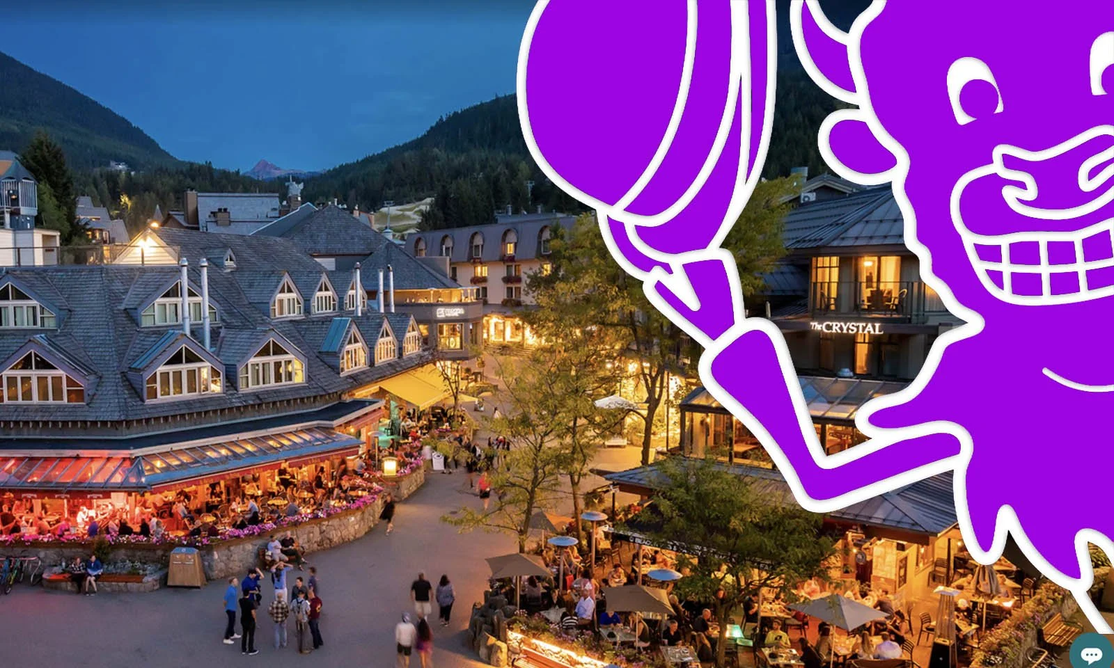 Downtown Whistler BC at night with the Mountains in the background. The Tap Dancing Retreat Mascot in the foreground as an overlay