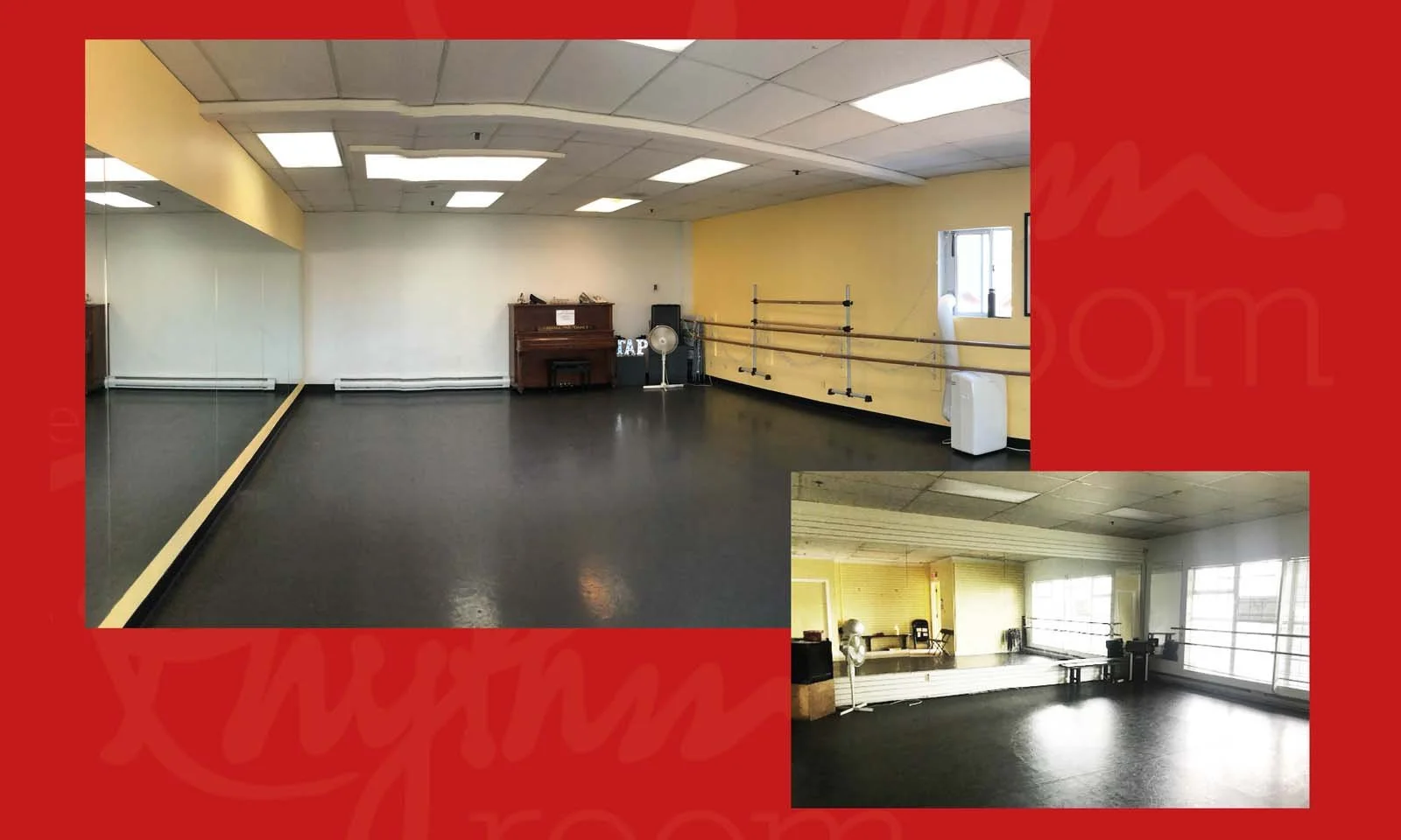 pictures of the Rhythm Room studio spaces. Two cheerful studios with marly floors and lots of sunlight.