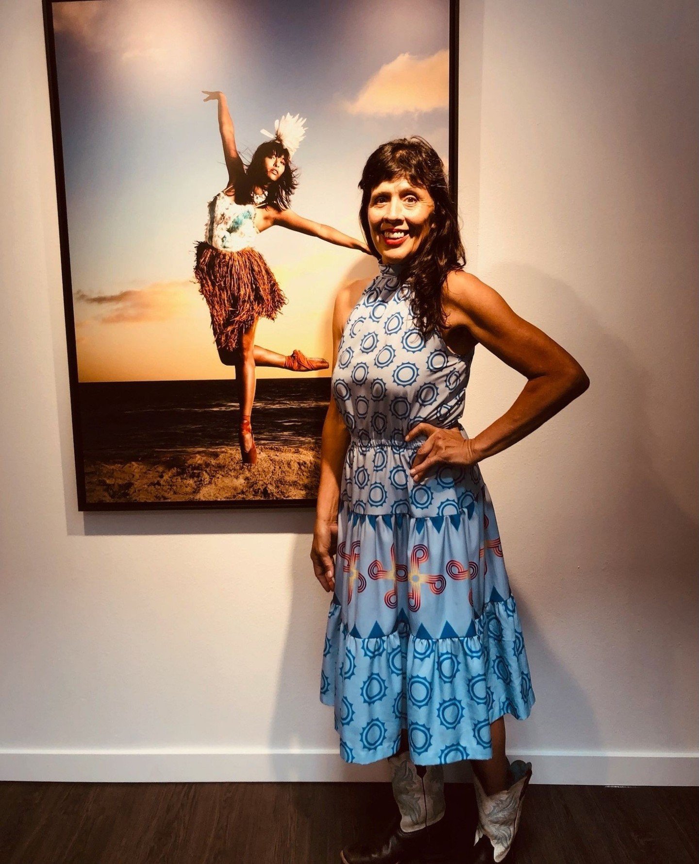 The fabulous @danatigerart in the the Sun and Wind Halter Maxidress in blue ✨⁠
⁠
As always, please slide into our DMs and share photos of how YOU style your L A Deer Apparel pieces - we love to see them🌟⁠
.⁠
.⁠
.⁠
.⁠
#textileprint #nativeart #mvskok