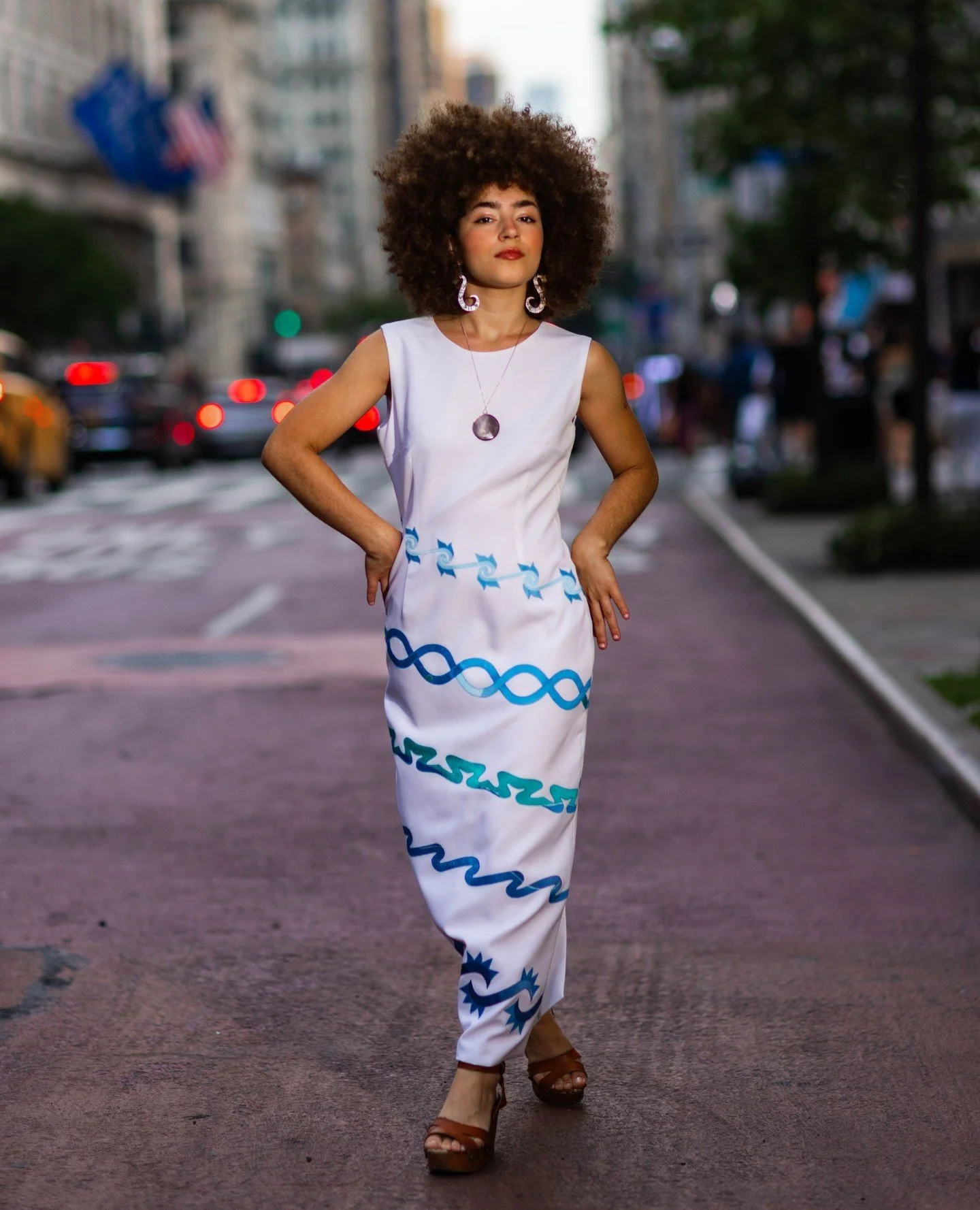 A new L A Deer Apparel dress roaming the streets of NYC 💫⁠
⁠
Want to be the first to know about new product drops? Subscribe to our newsletter - link in bio!⁠
⁠
Model: @inezmiv⁠
Photo: @benjaminoscara⁠
.⁠
.⁠
.⁠
#nativeartists #indigenousart #oklahom