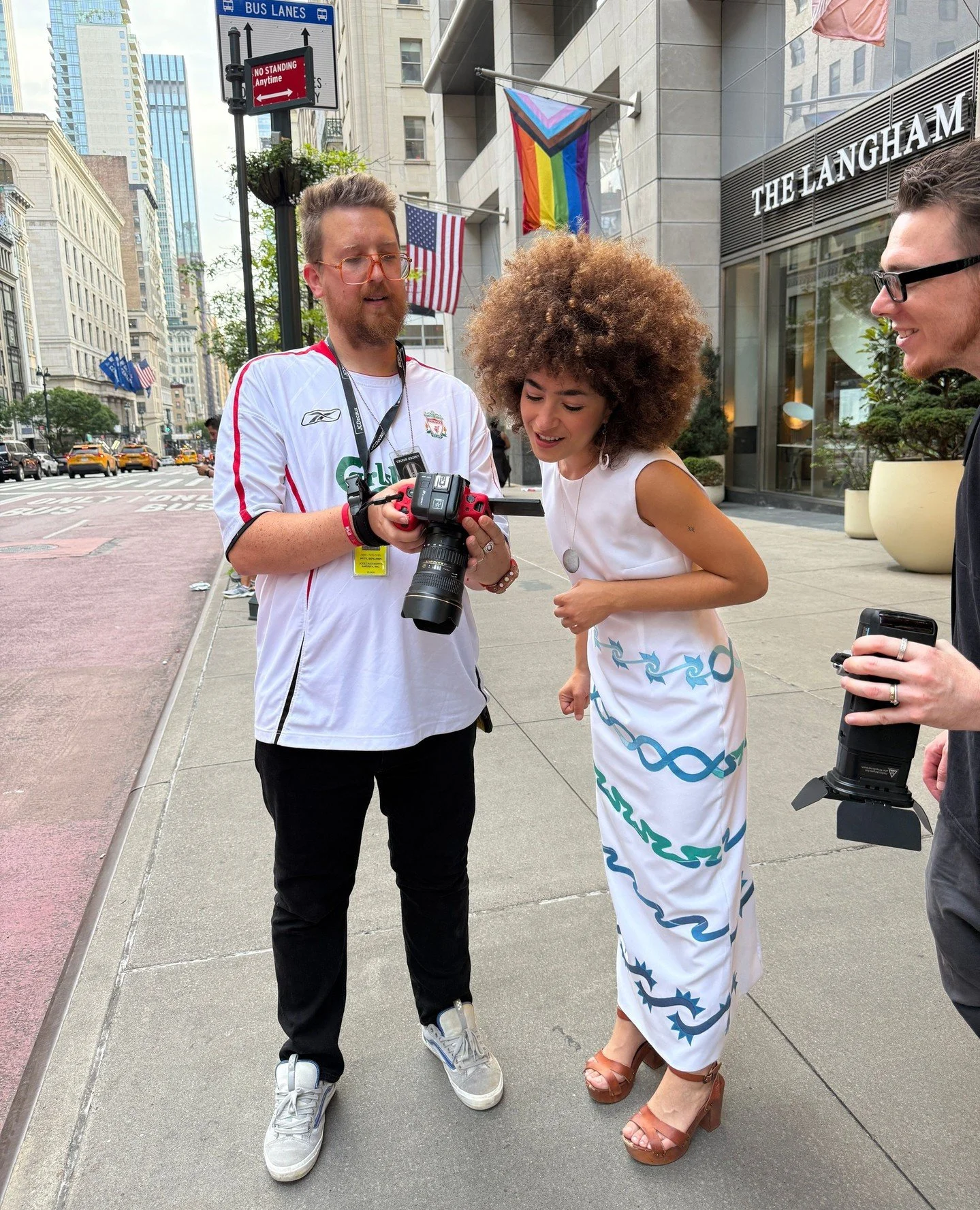 Behind the scenes shot of @benjaminoscara, @inezmiv, and @cooperbillington on the streets of NYC ✨️⁠
⁠
Photo: @roxannebest⁠
.⁠
.⁠
.⁠
#nativeartists #indigenousart #oklahomaartist #nativefashion #indigenousfashion #indigenouswomen #oklahomacreative #m