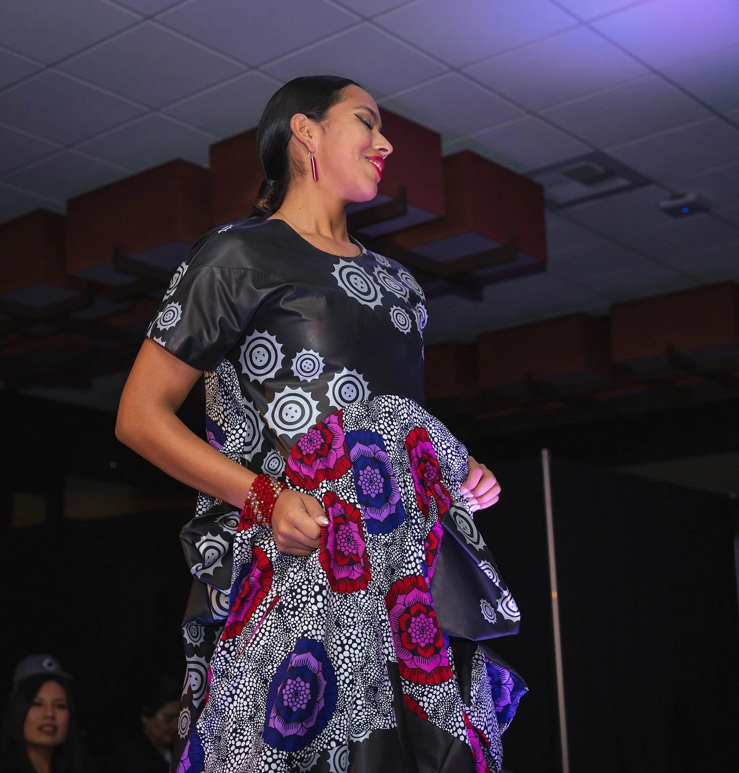 @alexiswrenlyons wears a zero-waste dress made from cotton and black leather at the Empowered Indigenous Fashion Show 🖤💜⁠
.⁠
.⁠
.⁠
#fashionshow #mvskoke #indigenous #muscogee #indigenousfashion #indigenousart #nativepride #indigenouswomen #nativeam