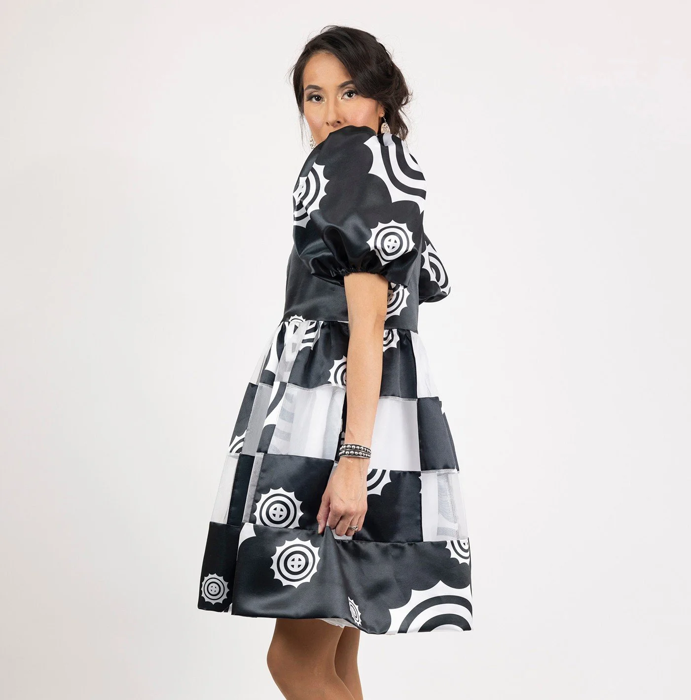 @haulisioux in the Sun Circle Mosaic Dress, made from remnant pieces of sun circles fabric + white organza 🤍🖤⁠
⁠
Photo: @okgf_imgs ⁠
.⁠
.⁠
.⁠
#fashionshow #mvskoke #indigenous #muscogee #indigenousfashion #indigenousart #nativepride #indigenouswome