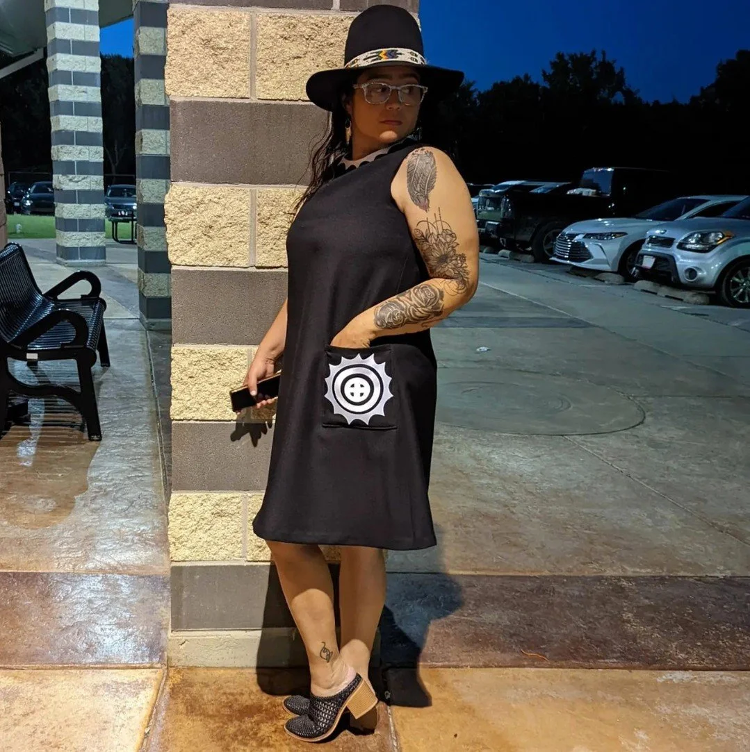 @_sarah_faye_deer wears the Sun Circles dress in black and white 💫⚡️⁠
⁠
How do you wear your L A Deer Apparel? Slide into our DMs and share outfit photos - we LOVE to see them!⁠
.⁠
.⁠
.⁠
#mvskoke #shopsmall #buynative #indigenous #muscogee #indigeno