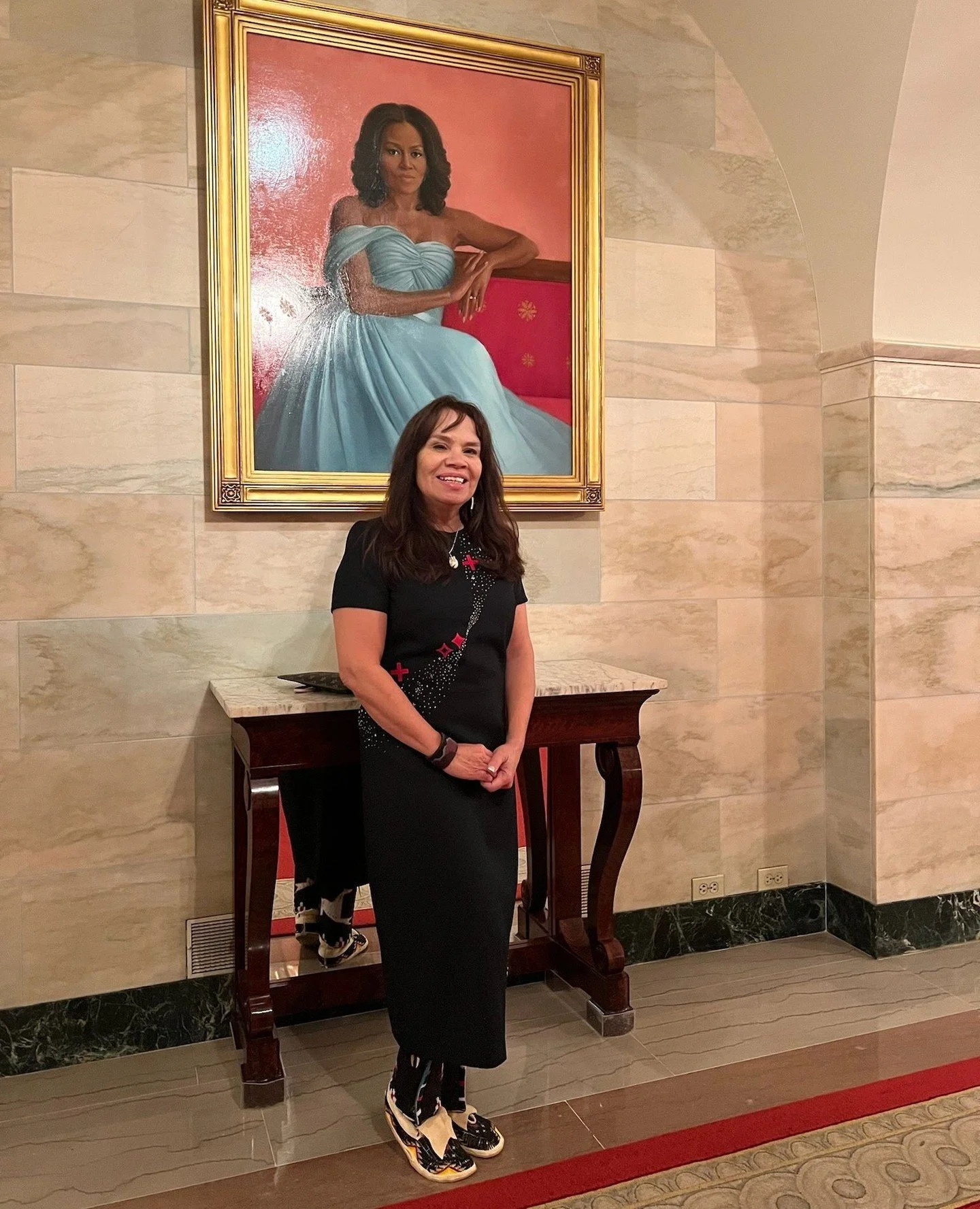 @lplakota glows in a one-of-a-kind L A Deer Apparel dress for a reception at the White House honoring Native American Heritage Month. ⁠
⁠
This dress features a mix of beading and appliqu&eacute;, weaving Lakota Star Knowledge into the design ✨🌟⁠
.⁠

