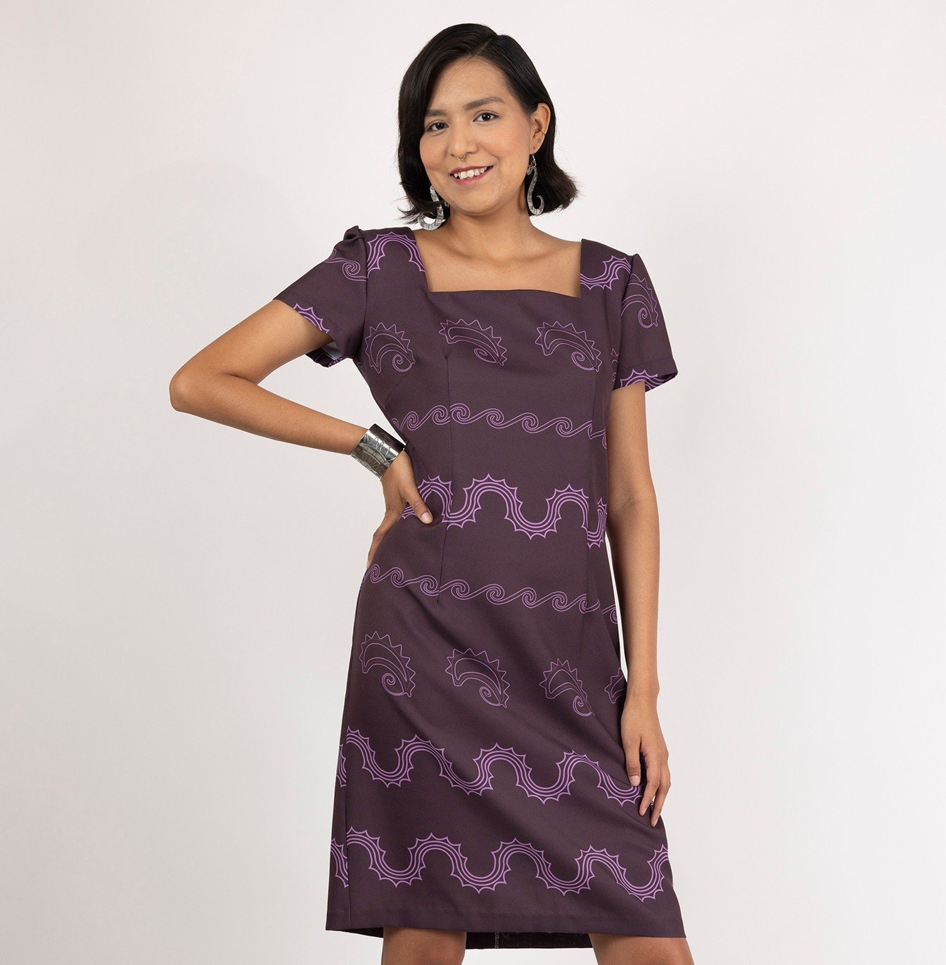 @kry_logan wears the Southeast shift dress in purple 💫☀️⁠
⁠
Remember, for first access to new pre-orders, sign up for the newsletter - link in bio ✨️⁠
.⁠
.⁠
.⁠
#mvskoke #oklahoma #buynative #wip #muscogee #indigenous #shopsmall #indigenousfashion #i