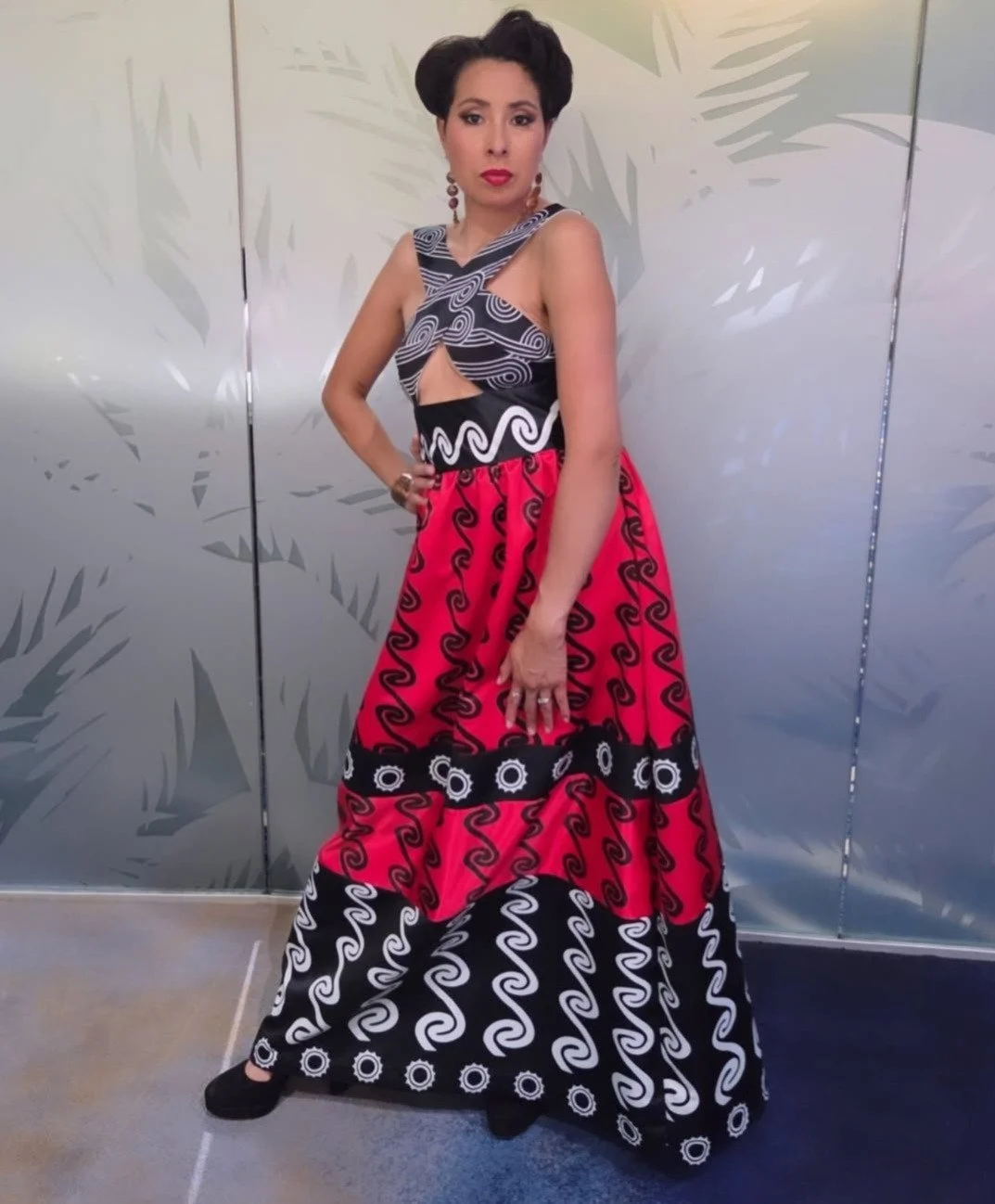 @haulisioux wears the One-of-a-kind Eye of the Beholder dress, made from fabric remnants of a previous collection.⁠
⁠
We believe minimal waste design can be fabulous ✨️💫⁠
.⁠
.⁠
.⁠
⁠
#nativeart #mvskoke #buynative #muscogee #indigenous #shopsmall #in