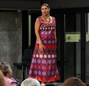 @aire_wren_parker wears the long Sun Circles dress at the Indigichic Fashion Show ✨️⁠
⁠
⁠
Photo credit: @ericaprettyeagle / @indigichic.tulsa⁠
⁠
⁠
⁠
#mvskoke #shopsmall #buynative #indigenous #muscogee #indigenousfashion #indigenousart #nativepride #
