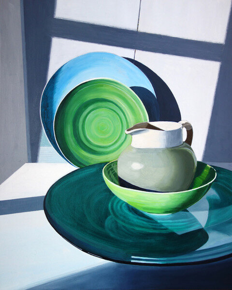  Plates &amp; Jug in Winter Sun 76 x 61  oil on canvas   click here for enquiries  