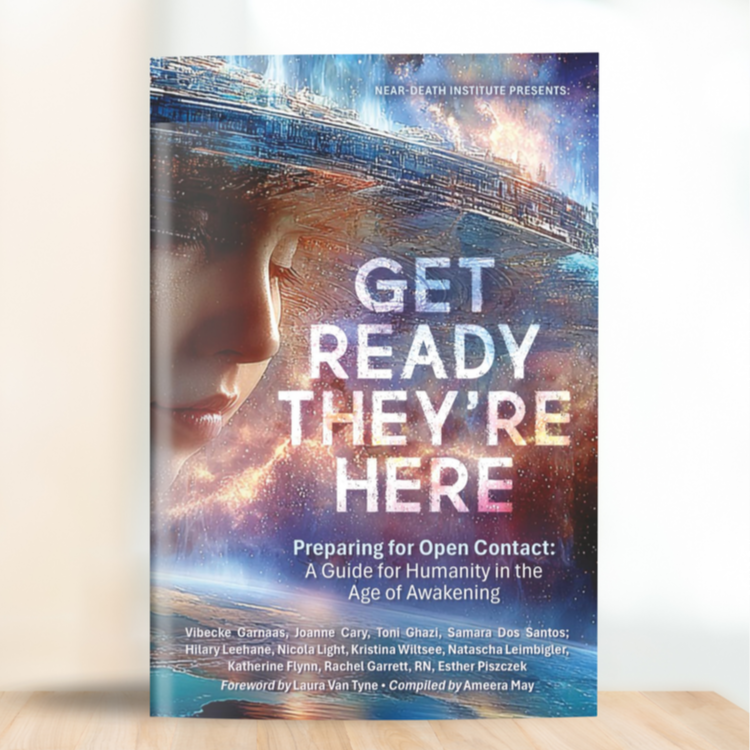 Book cover titled "Get Ready They're Here: Preparing for Open Contact. A Guide for Humanity in the Age of Awakening." features a child's face partially visible against a cosmic and celestial background with vibrant stars and nebulae.