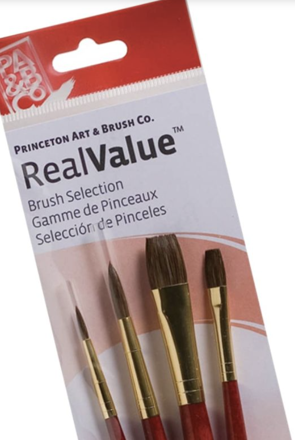 A package of Princeton Art & Brush Co. RealValue brush selection, showing four paint brushes with red handles and gold ferrules on a pink and white background.
