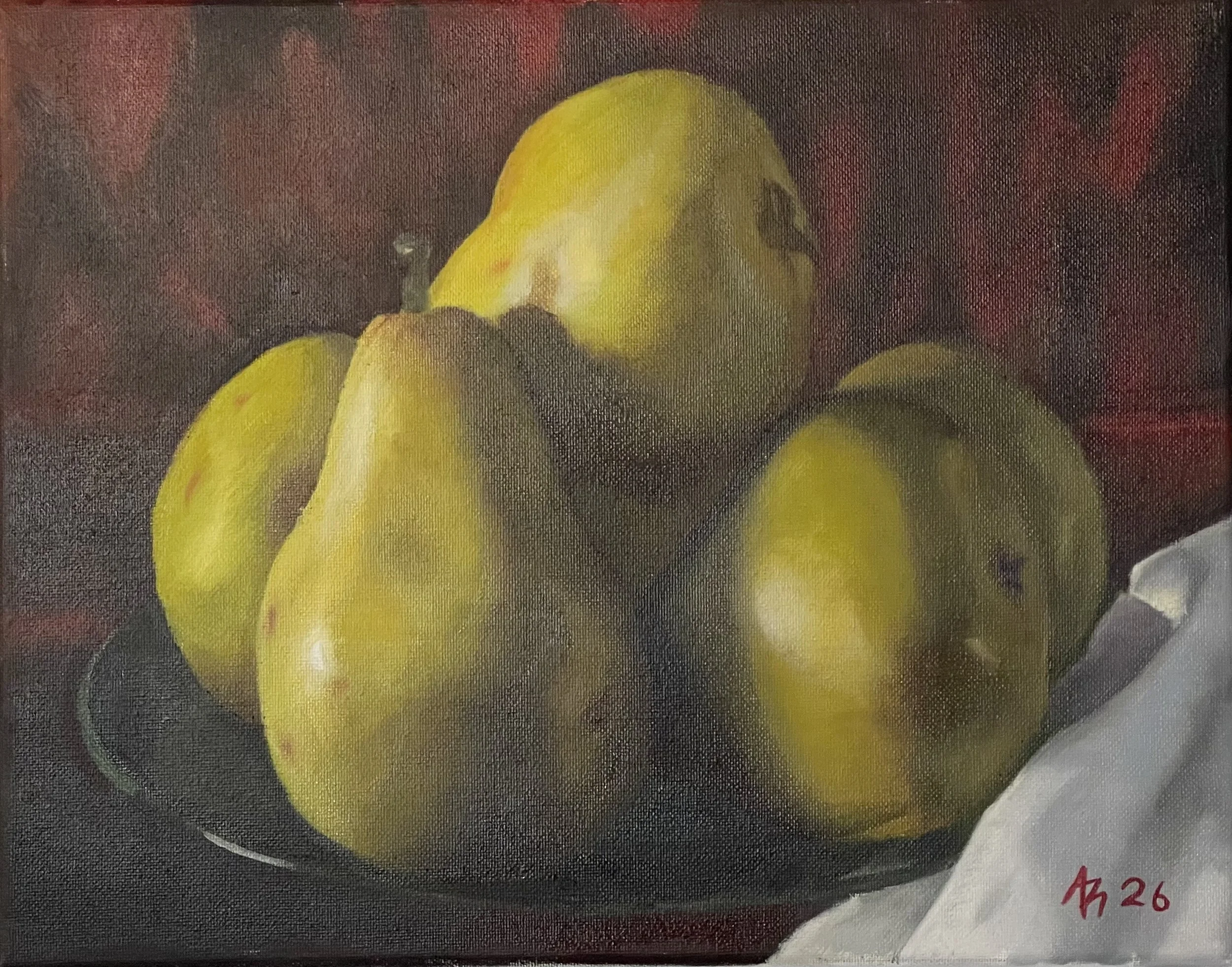 Aziza Russell's still life of "Pears". Oil on Canvas, 14" x 11"