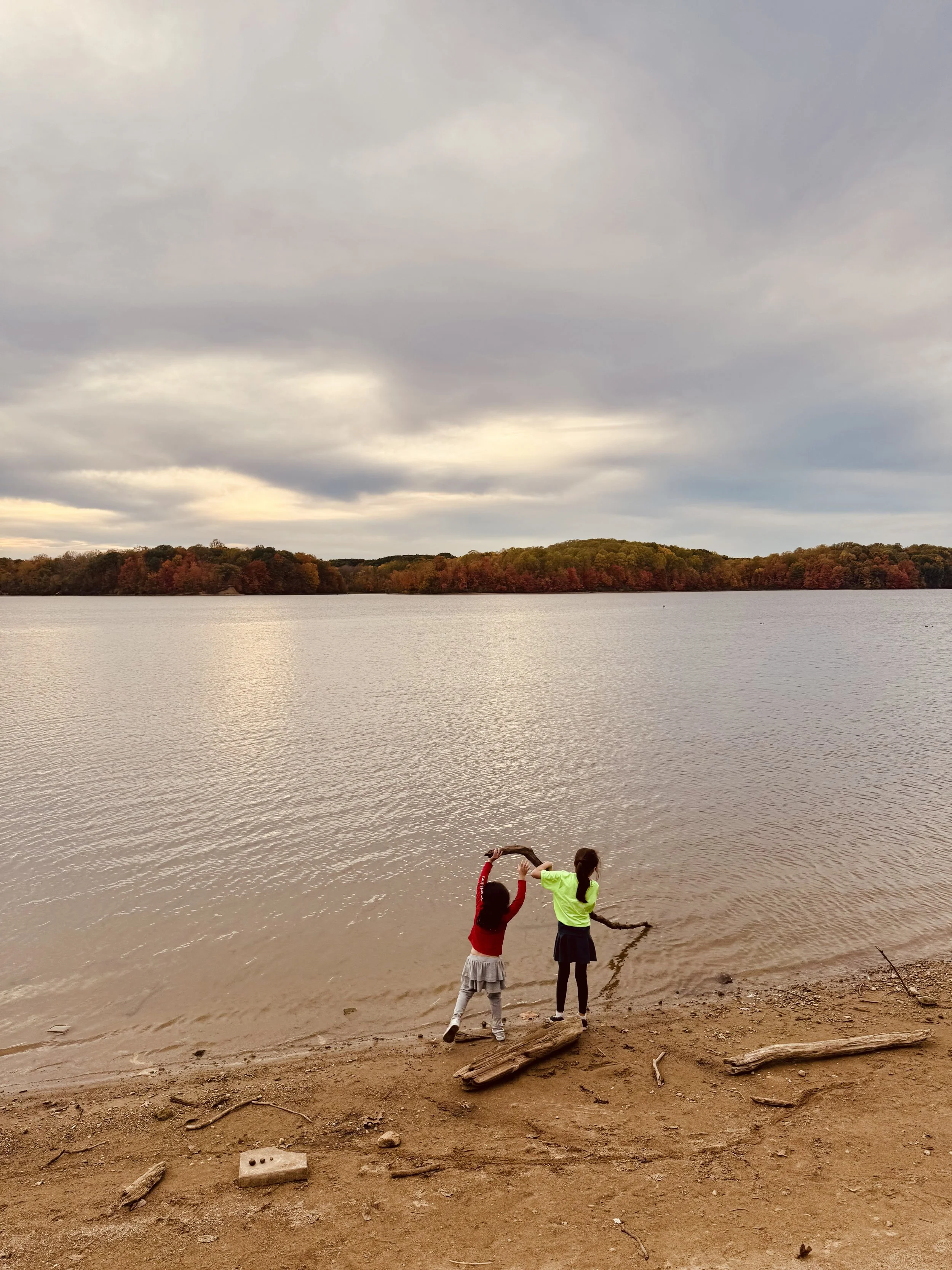 Two children standing on the sandy shore of a lake, one wearing a red shirt and the other in a neon yellow shirt, holding a long branch together with trees in the background under a cloudy sky.