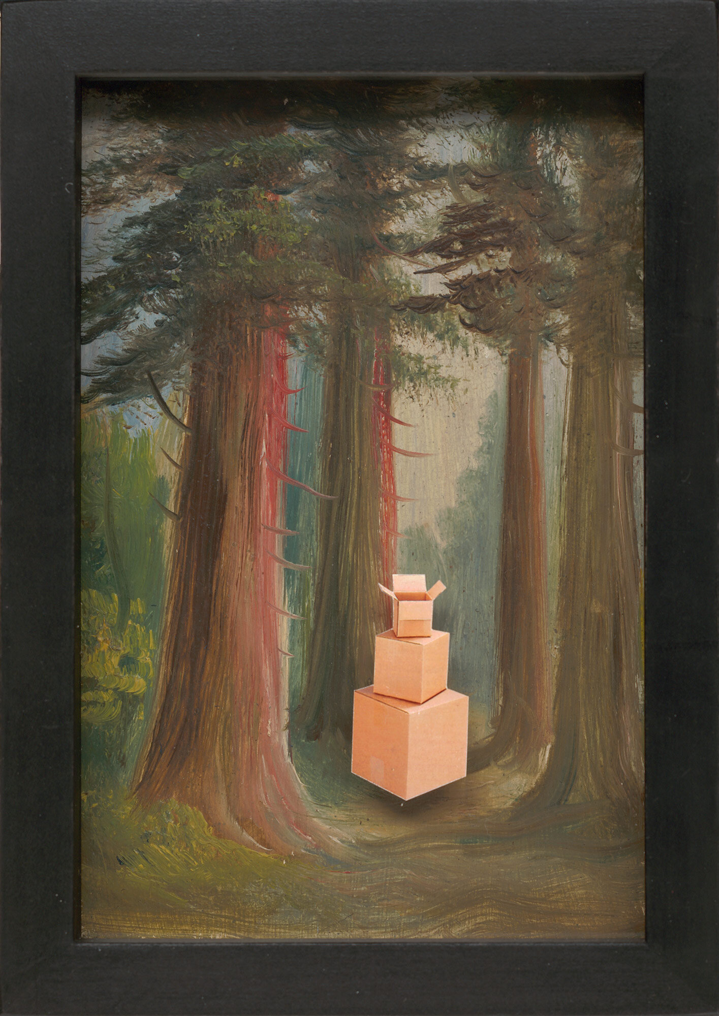    Untitled (Forest, Boxes)   2009, found painting and printed matter, glass 8” x 10” 