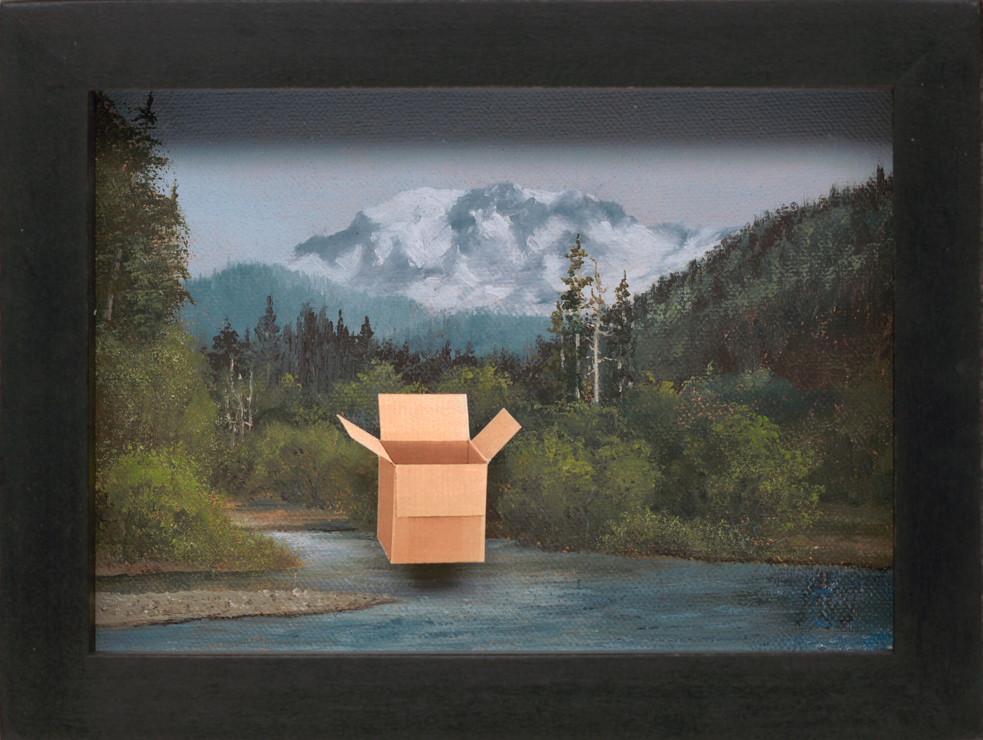    Untitled (Box, Mountain)   2009, found painting and printed matter, glass 5” x 7” 