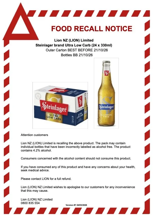 Steinlager Ultra Low Carb recall over alc-free label mix-up