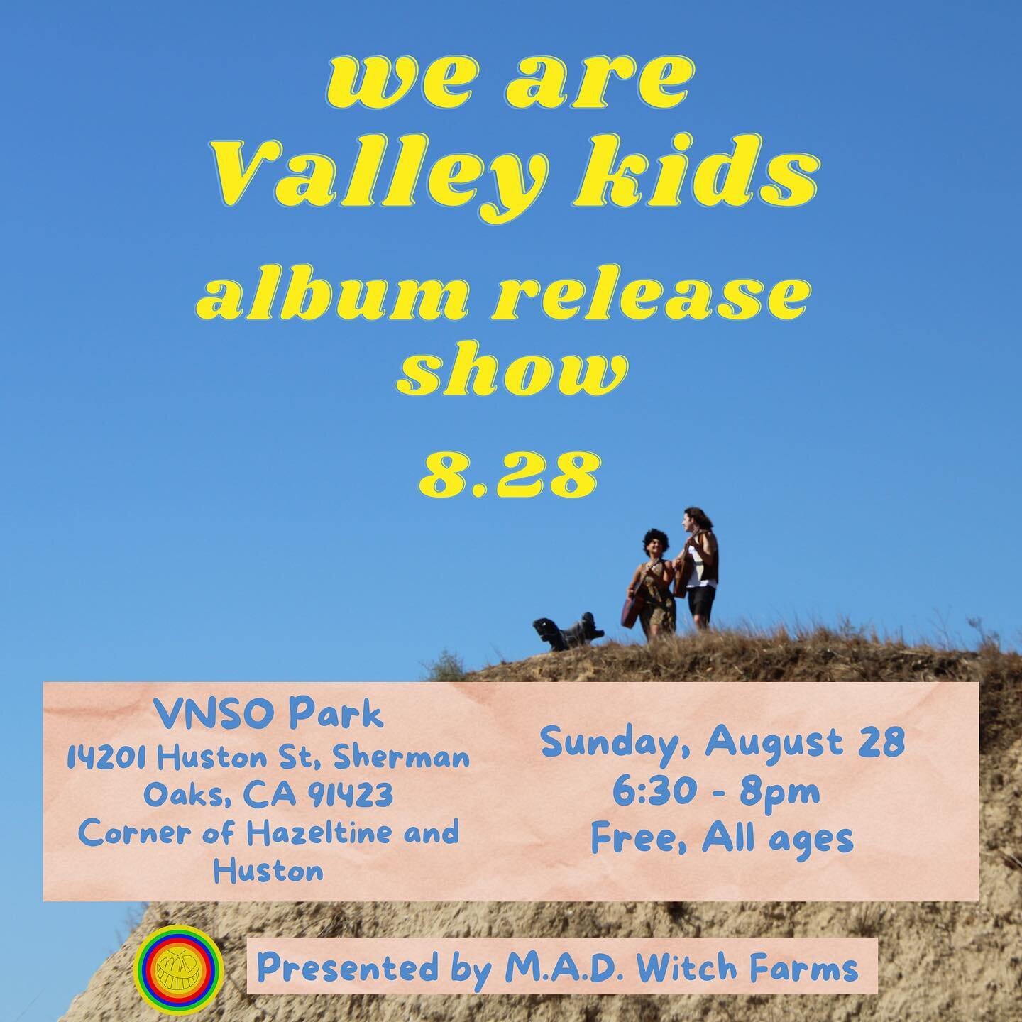 Come celebrate the release of our first album with us 🥳 We&rsquo;ll be playing our songs live at our favorite Valley park this Sunday, 8/28 🎶 hope to see you there!