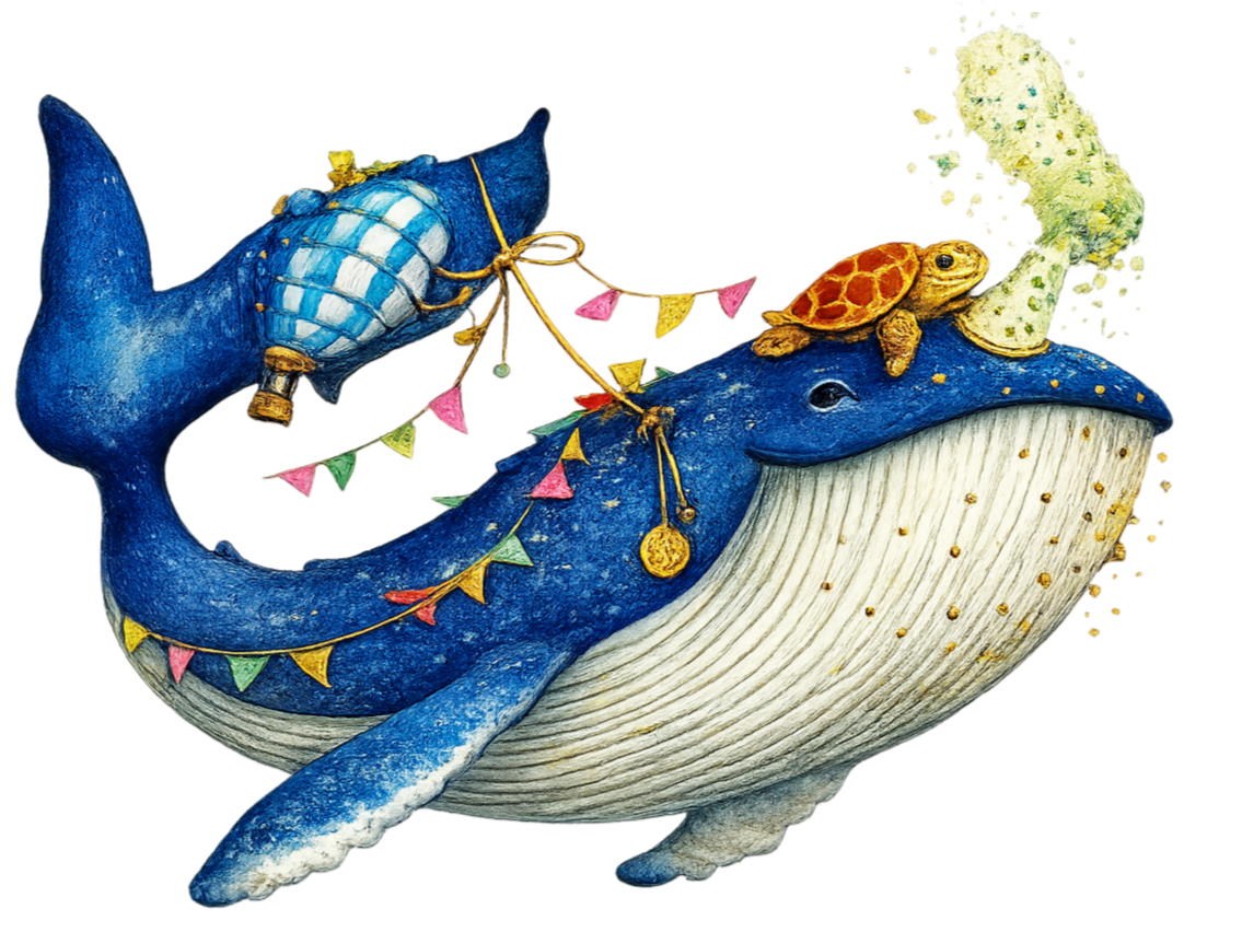 Decoración con figura de una ballena azul, adornada con flotadores y banderines coloridos, con un tortuga y una planta en su espalda.