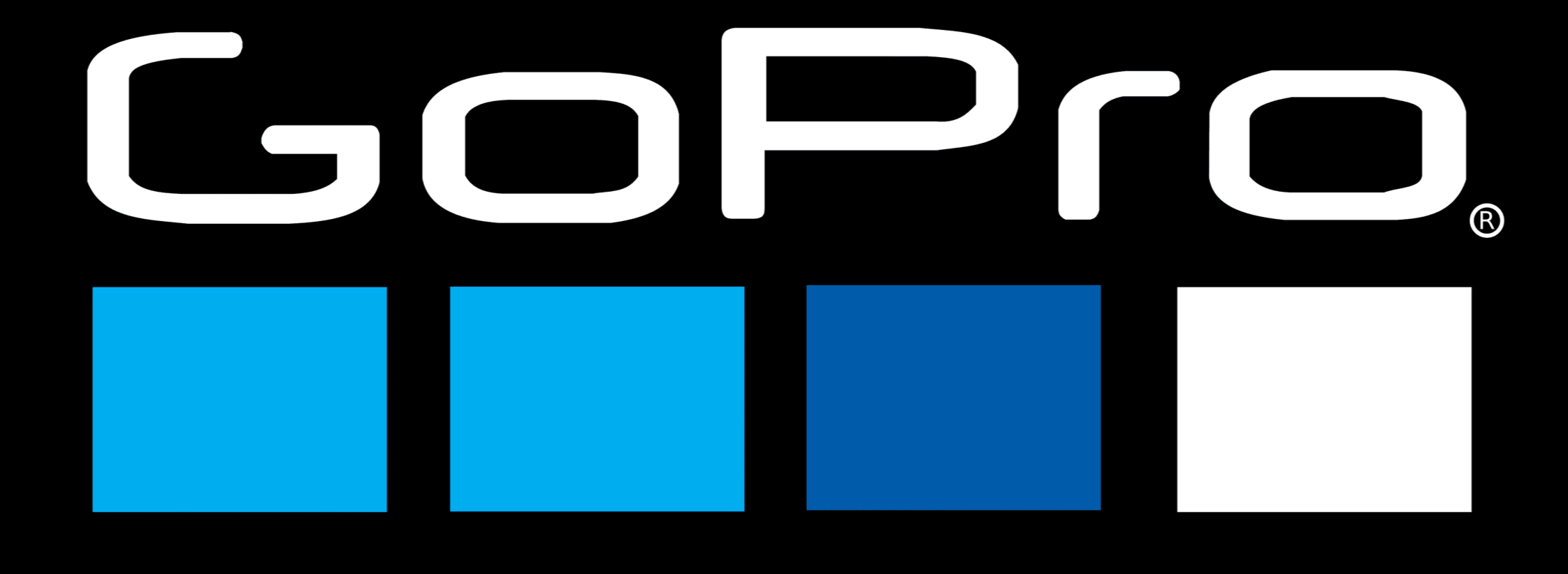 Logotipo de GoPro en colores blanco, negro, azul claro, azul y blanco.