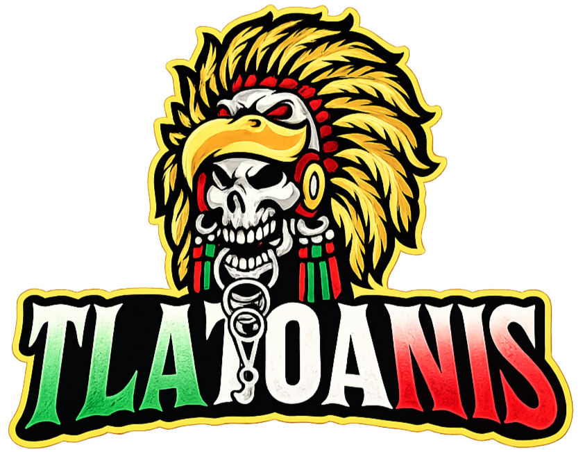 Logotipo con un cráneo con tocado de plumas y un pico de águila dorado, con la inscripción 'TLAOANS' en letras grandes, en colores verde, blanco y rojo.