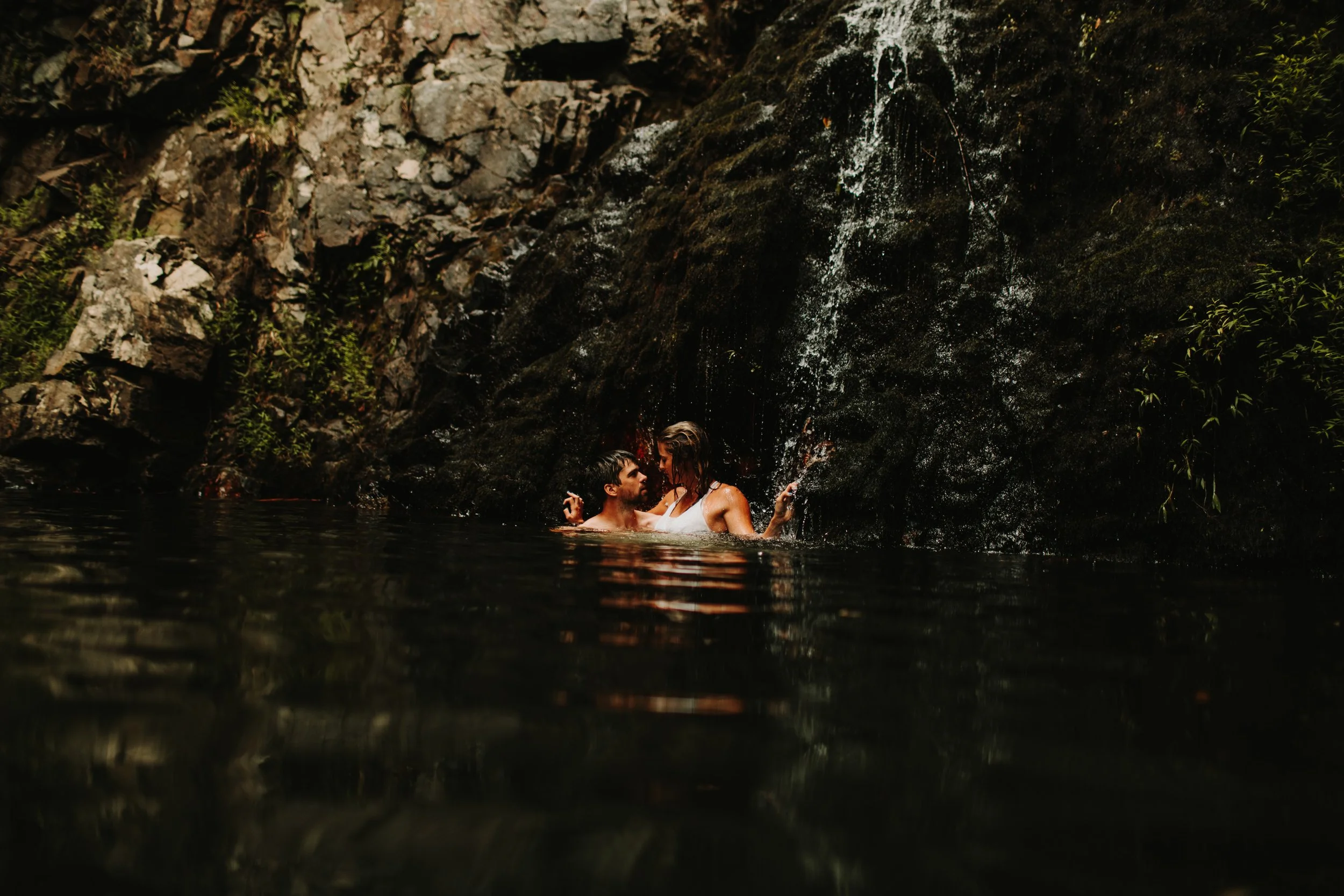 dramatic hudson valley engagement shoot photography in a waterfall
