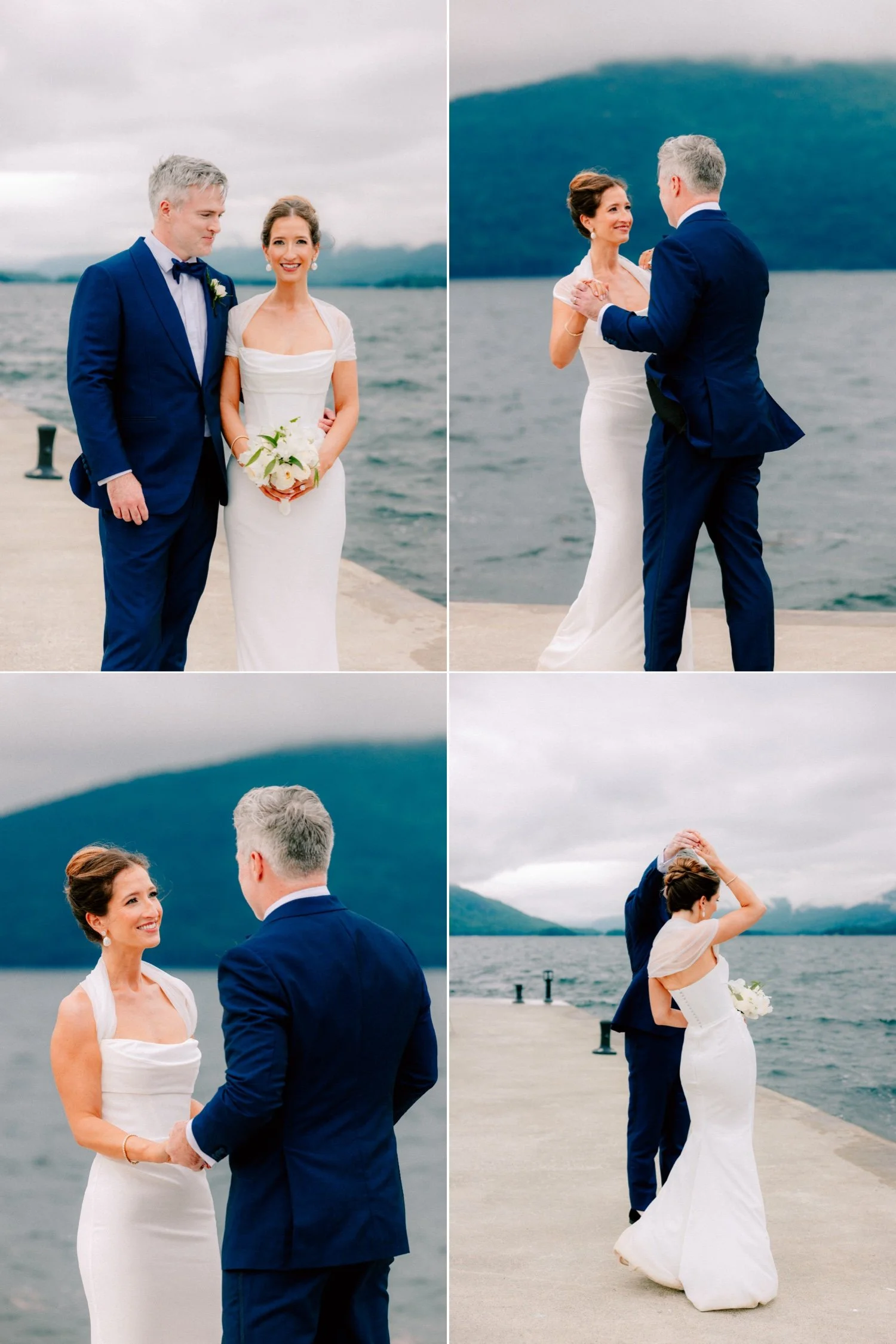 portraits of wedding couple on the shore of lake george at the sagamore resort