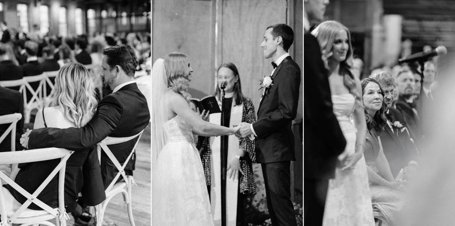 black and white photographs of wedding ceremony while couple sharing their vows of City Winery Hudson Valley