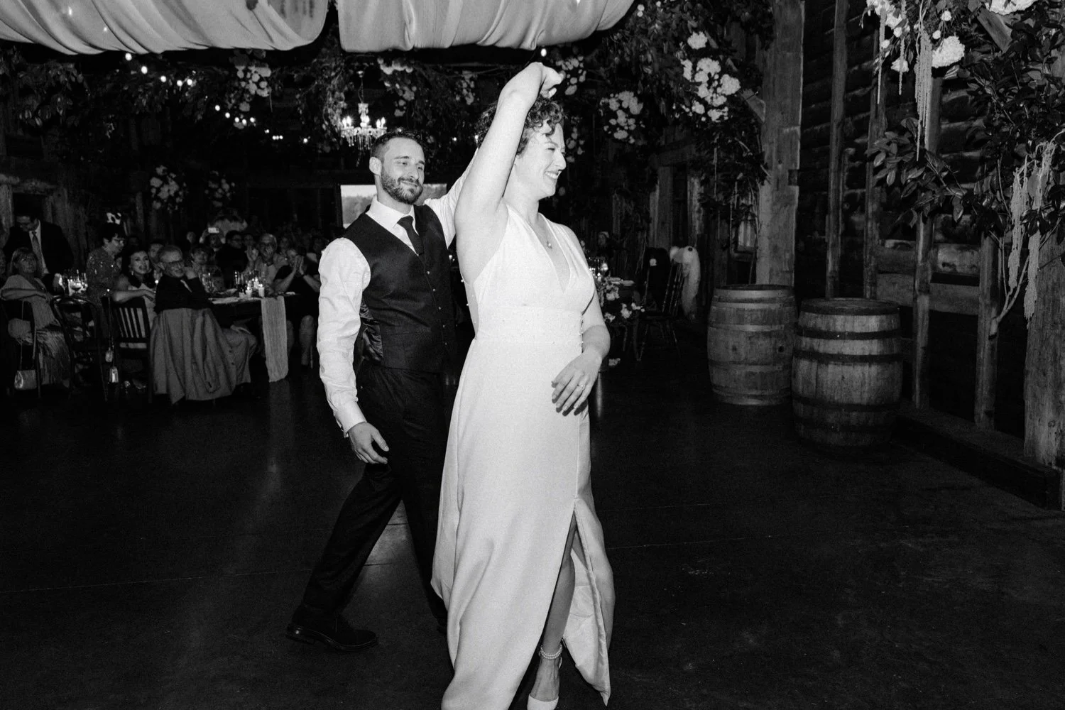 black and white film photographs of first dance at crested hen farms
