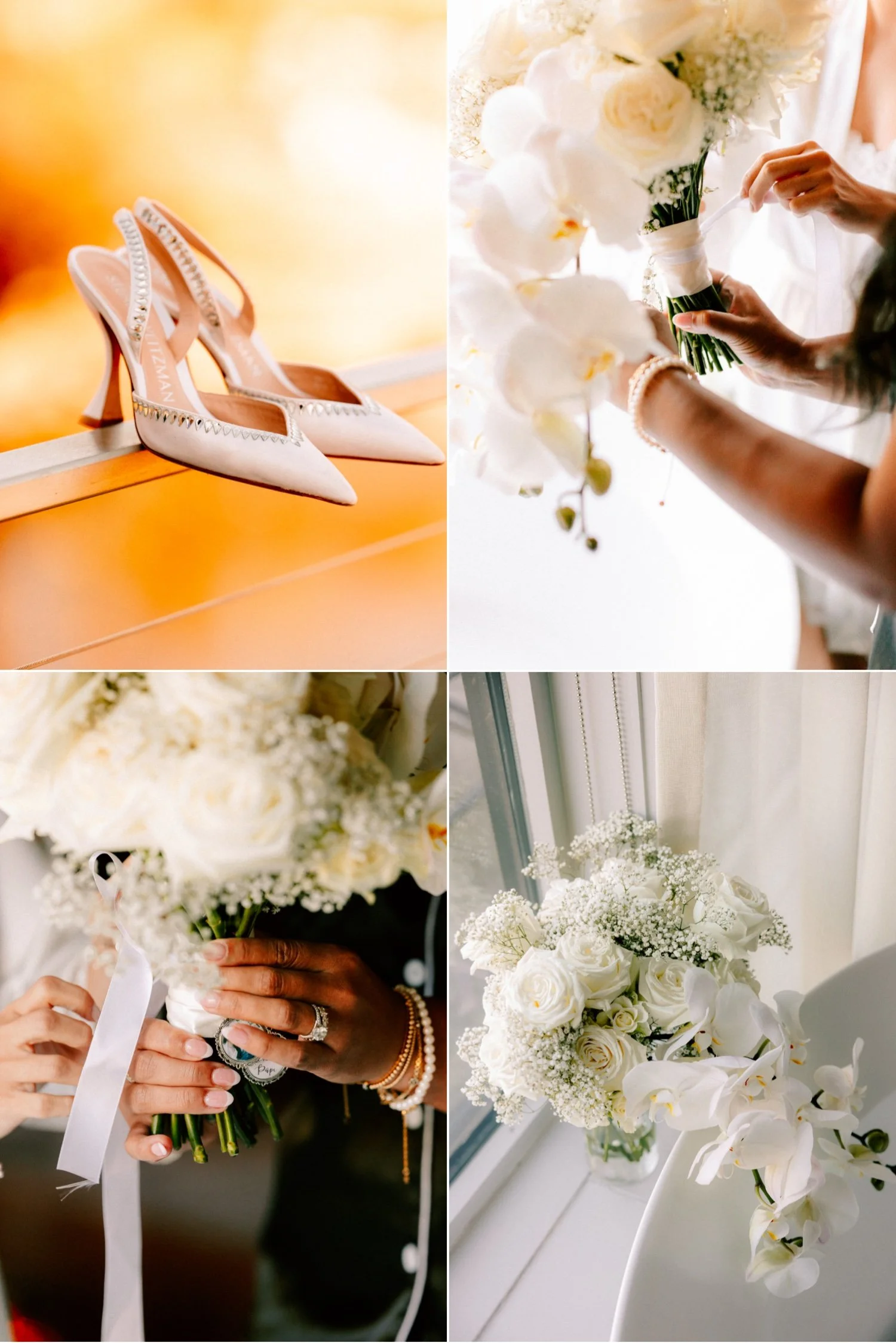 bride’s shoes and white bouquet in the penthouse at the roundhouse
