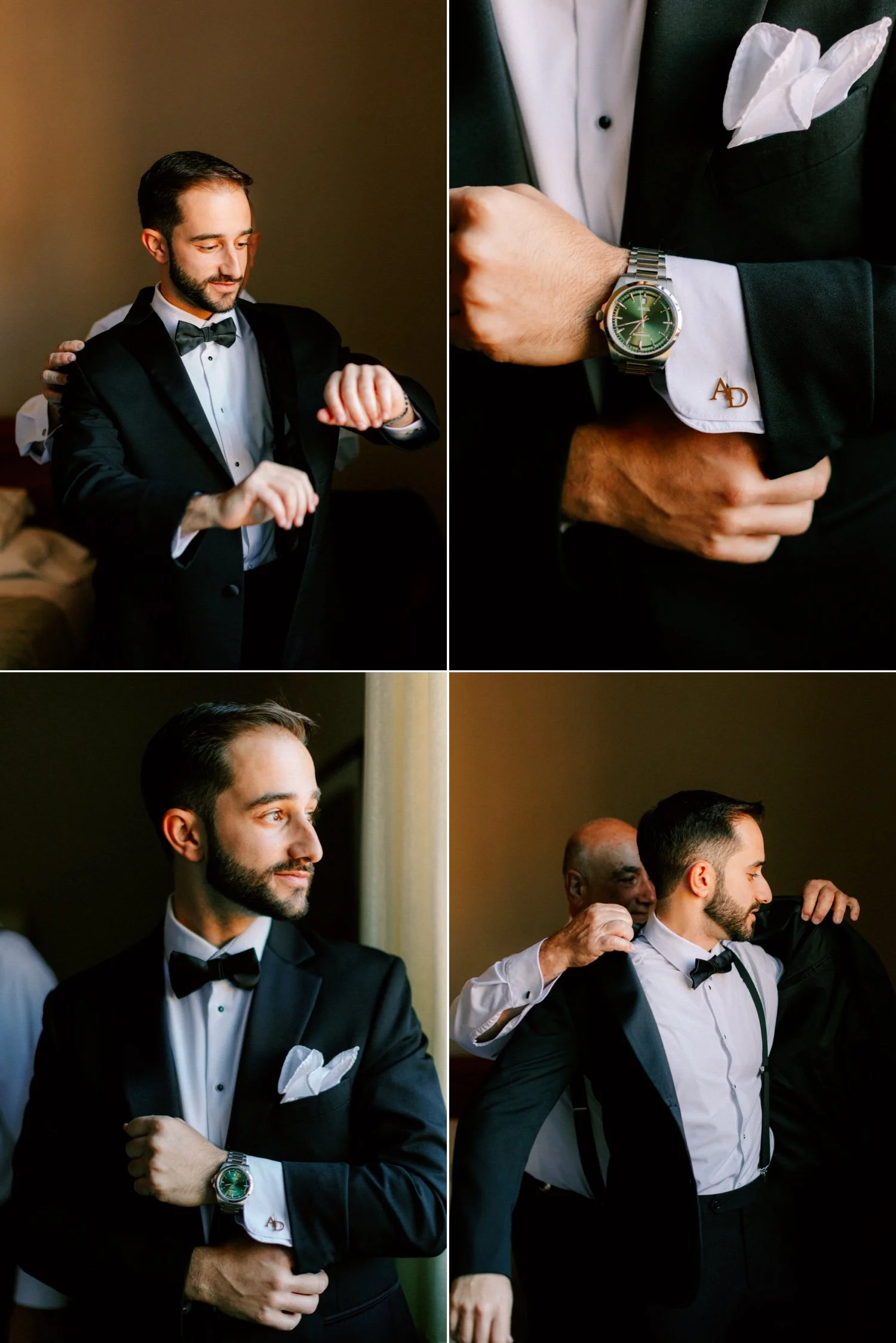 groom getting his tux on on his wedding day at the roundhouse