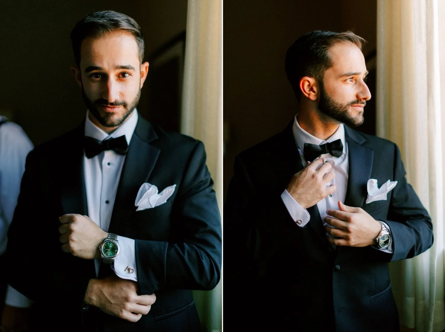 groom adjusting his tux in his hotel room on his wedding day at the roundhouse