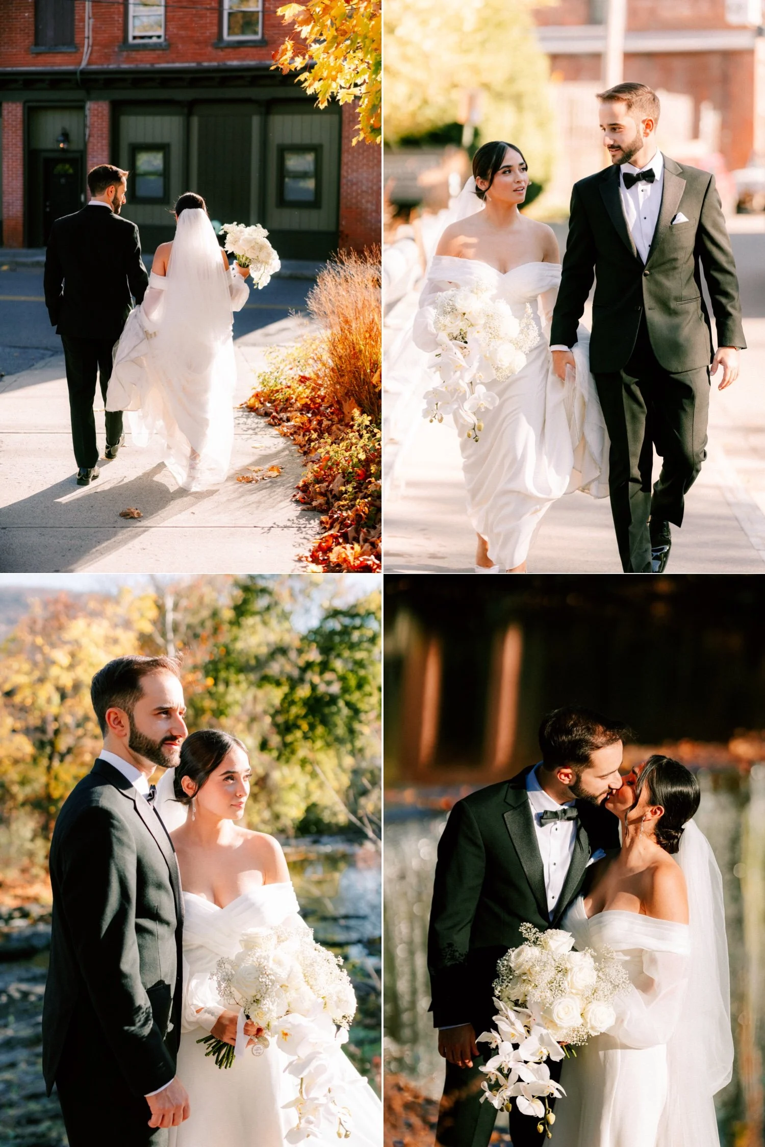 documentary photographs of bride and groom walking through beacon ny on their wedding day at the roundhouse