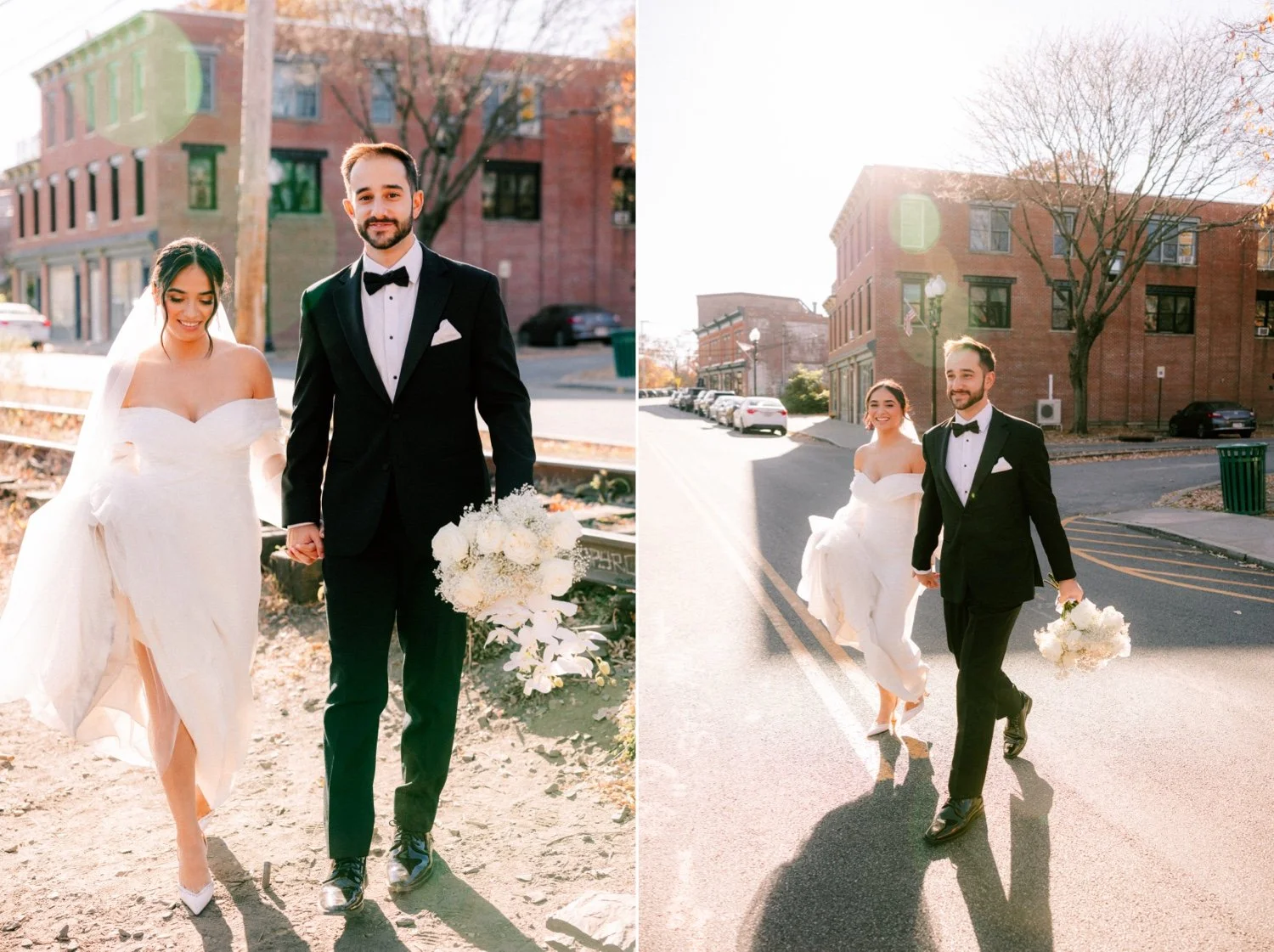 documentary photograph of wedding couple walking down the streets of beacon ny on their wedding day at the roundhouse