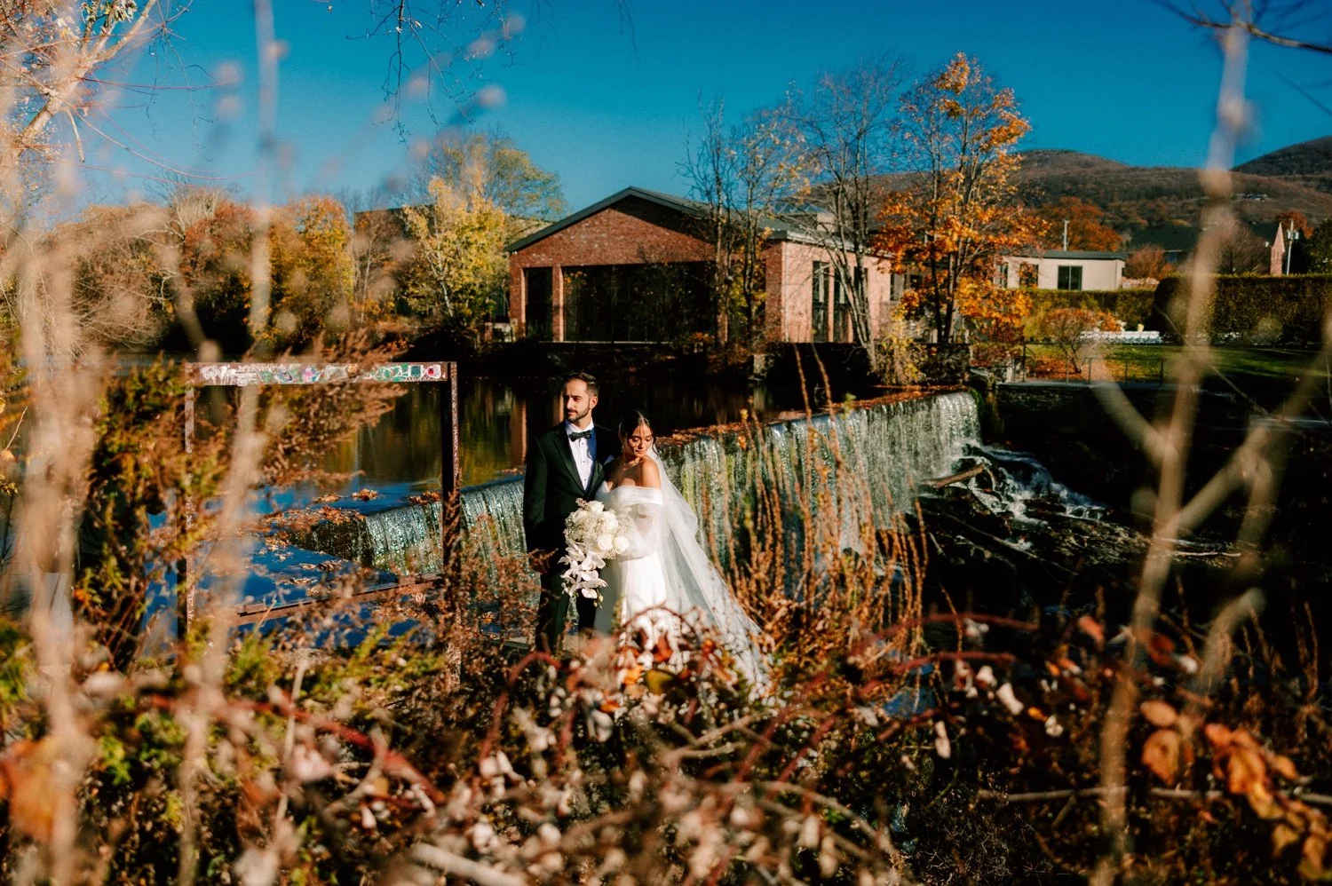 wedding couple editorial photograph at beacon falls in front of the roundhouse