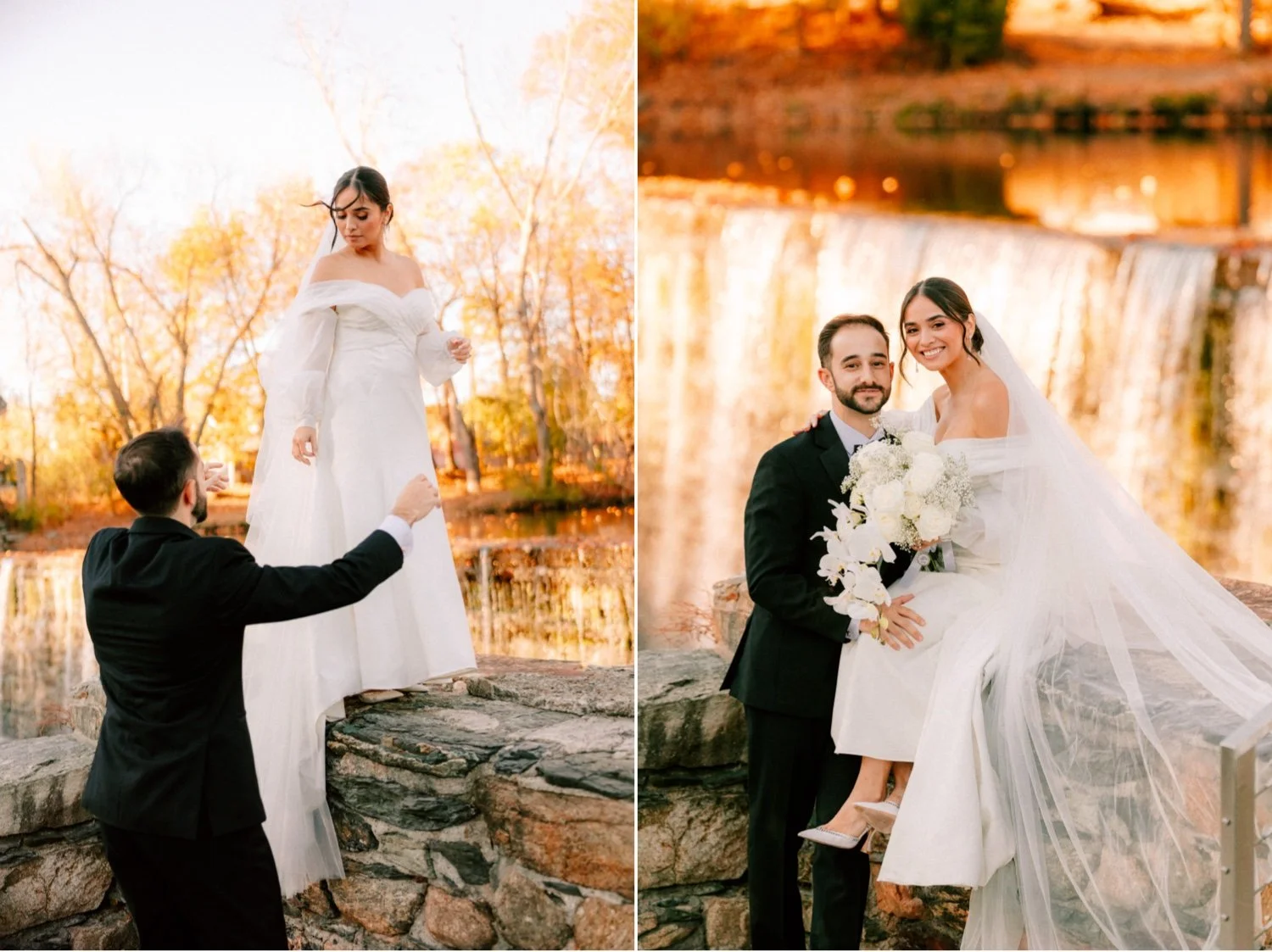 bride and groom documented in front of beacon falls during their autumn wedding day at the roundhouse