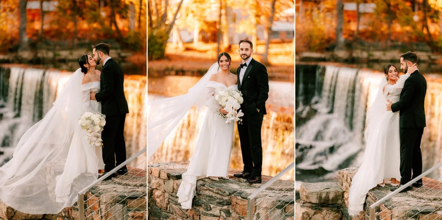 timeless photographs of wedding couple in front of beacon falls in autumn at the roundhouse