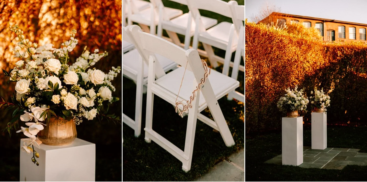 outdoor wedding ceremony florals and space at the roundhouse in november