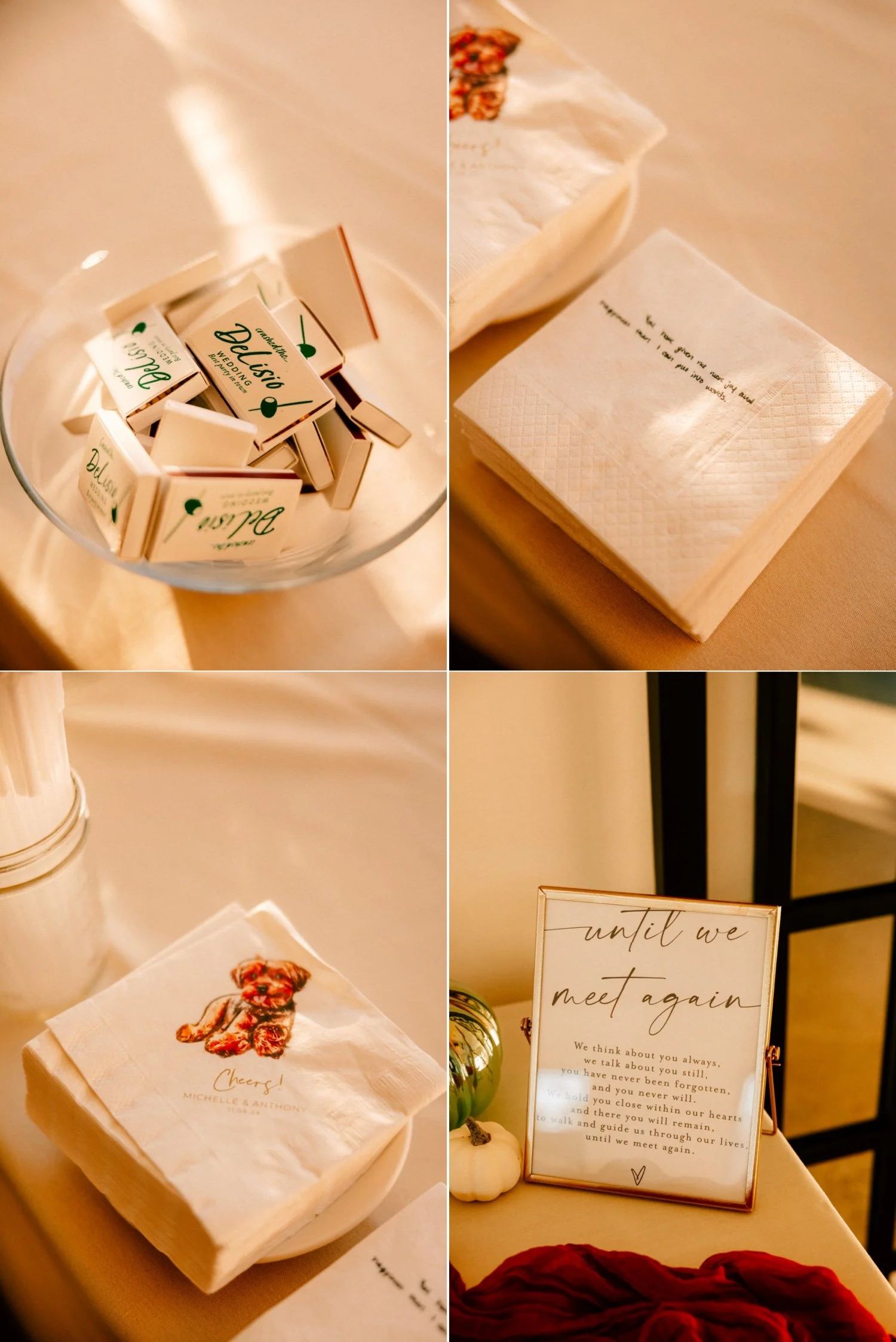 custom wedding matches, napkins, and memorial sign details at the roundhouse