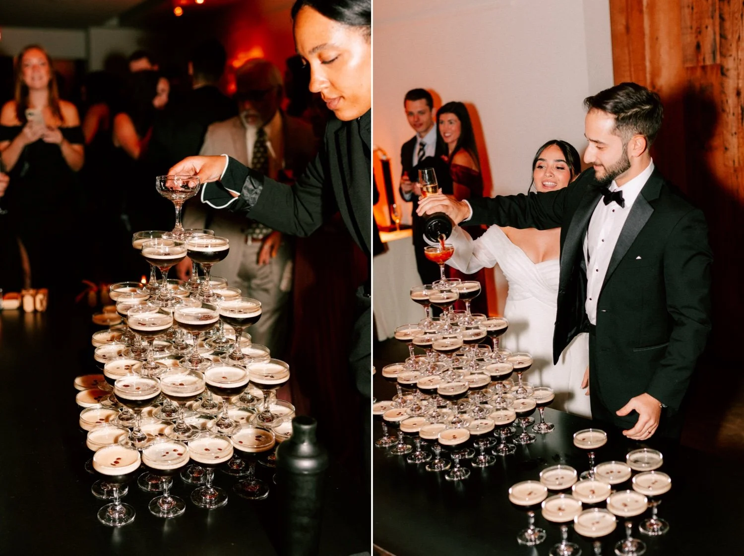 coordinator Danielle creates espresso martini tower during cocktail hour at the roundhouse