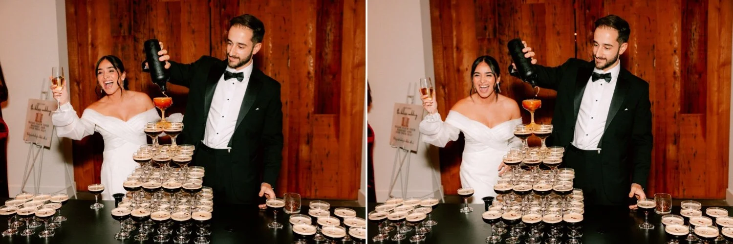 bride and groom pouring espresso martinis during cocktail hour at the roundhouse
