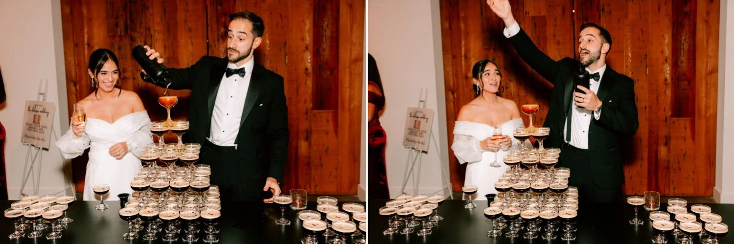 bride and groom pouring espresso martinis during cocktail hour at the roundhouse