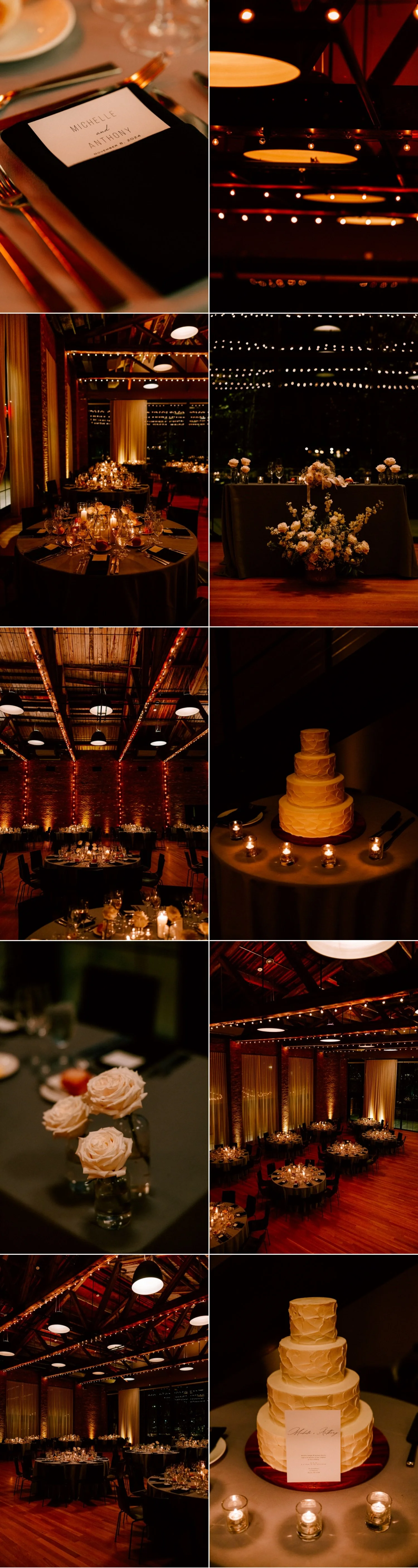 wedding reception decor by mira mira florals and uplighting by lnj tech and wedding cake at the roundhouse